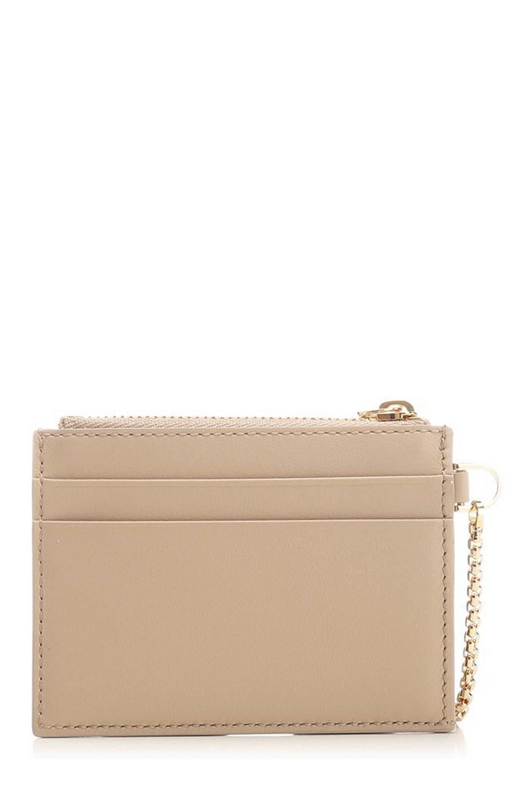 Ferragamo Leather Cardholder With Key-chain In Beige/khaki