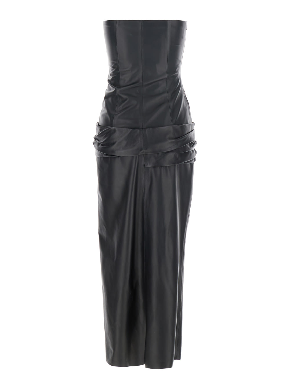 Attico Black Sleeveless Off-shoulder Midi Dress With Front Single Slit And Ruched Waist In Leather Woman In Black