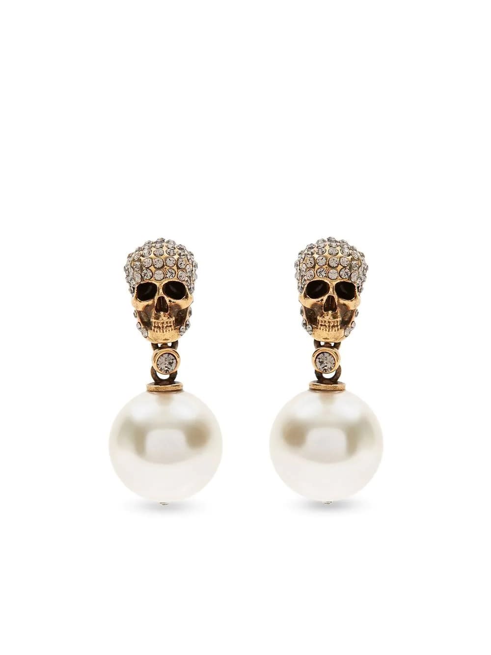 Alexander Mcqueen Pearl Skull Earrings In Antiqued Gold