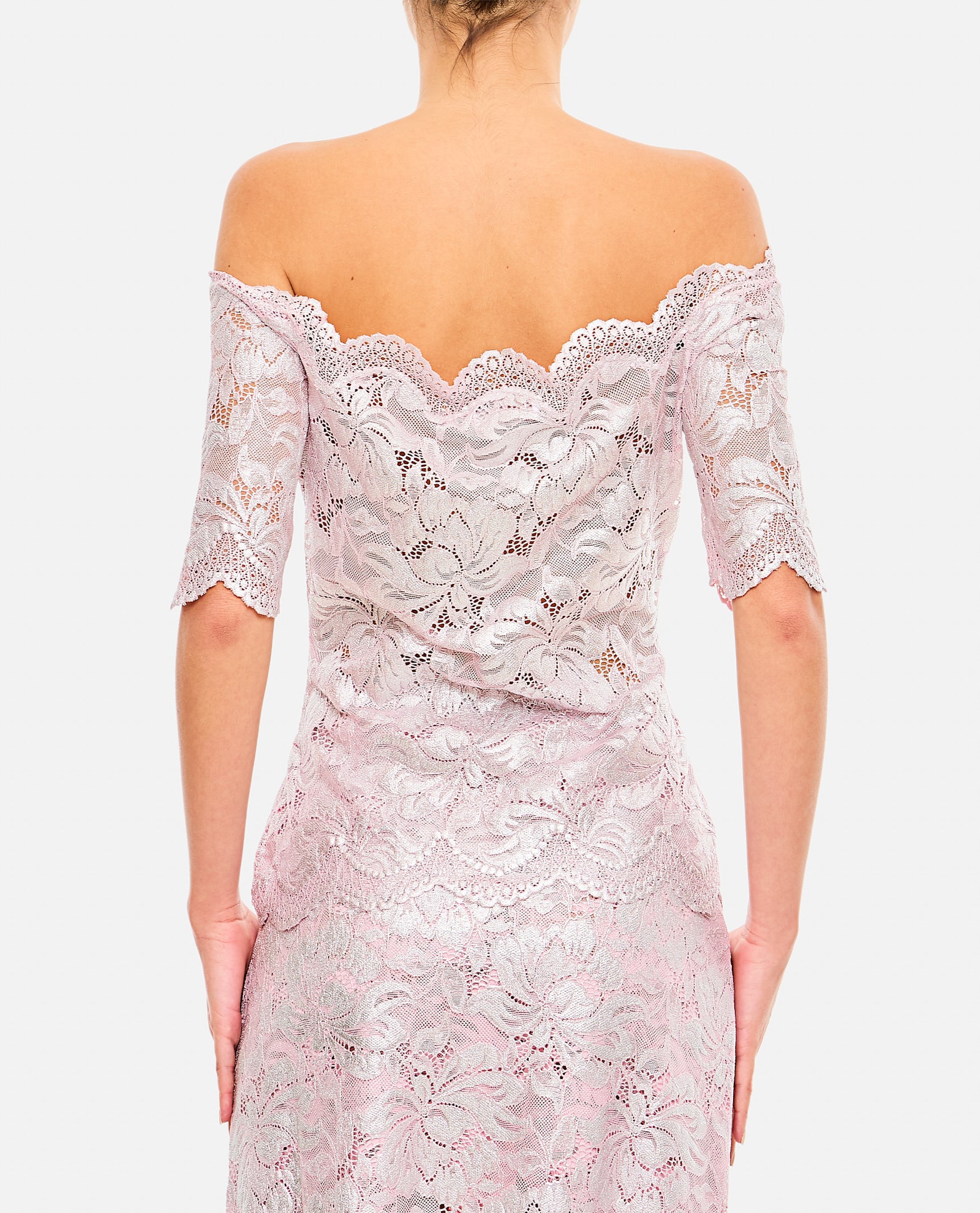 Rabanne Off-the-shoulder Lace Top With Floral Patterns In Pink
