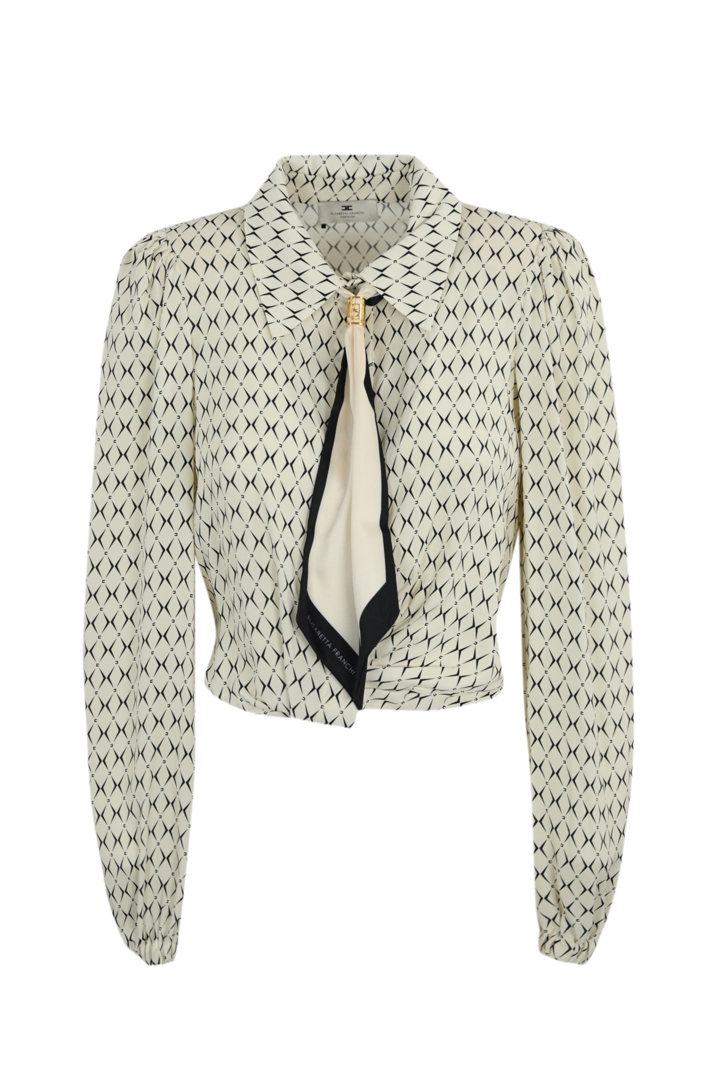 Shop Elisabetta Franchi Cropped Georgette Shirt With Scarf In Burro/nero