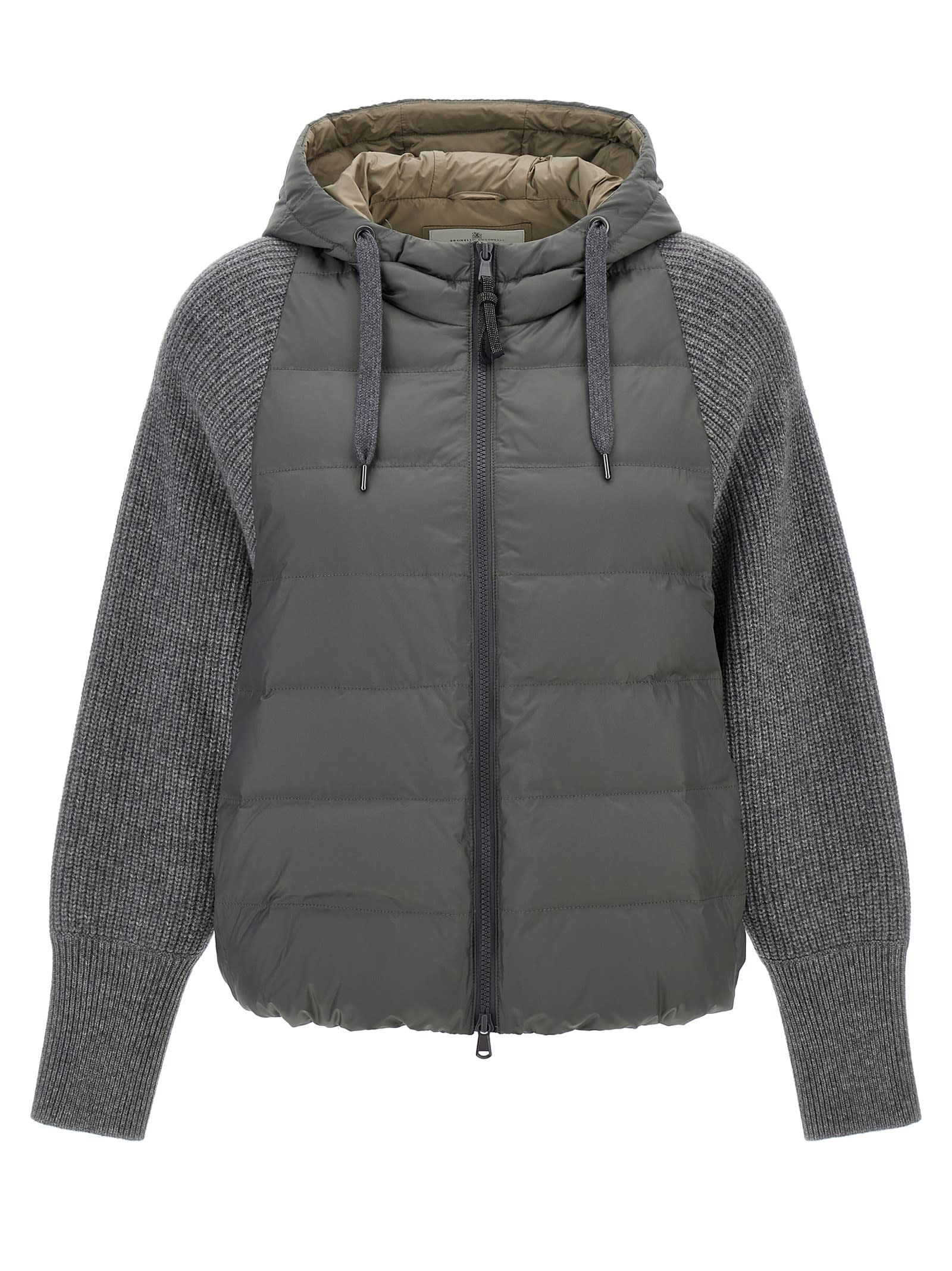 Shop Brunello Cucinelli Hooded Down Jacket With Solomeo Inserts In Gray