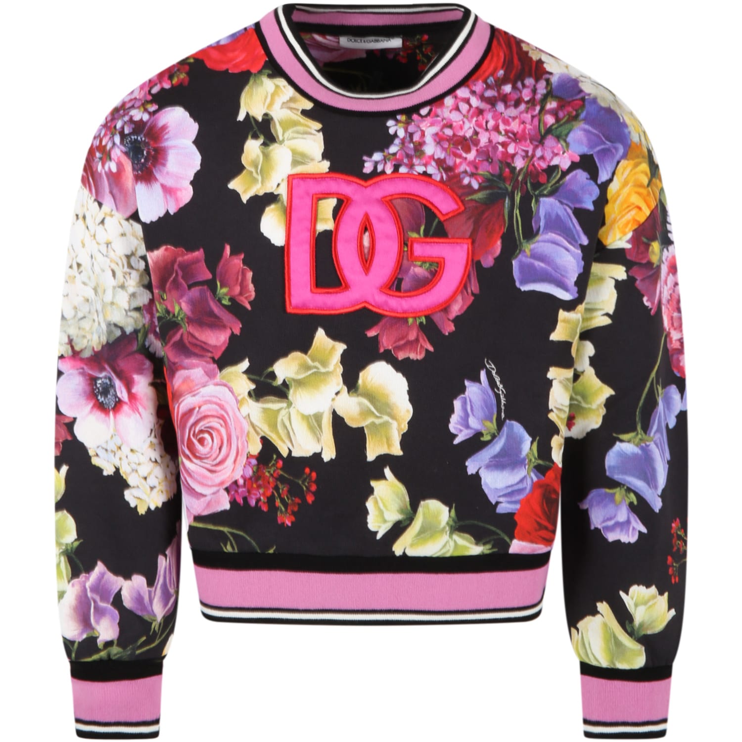 Dolce & Gabbana Black Sweatshirt For Girl With Floral Print And Logo