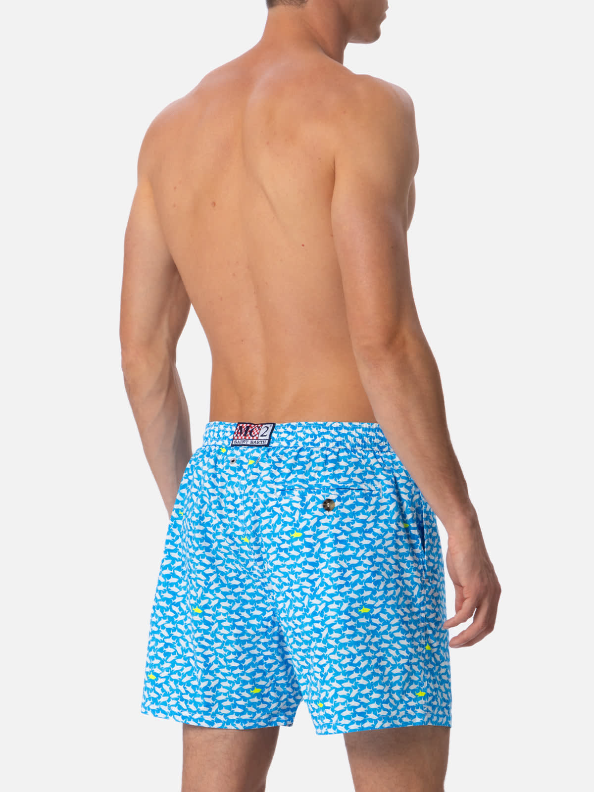 Mc2 Saint Barth Man Comfort Light Swim Shorts With Sharks Print In Bluette