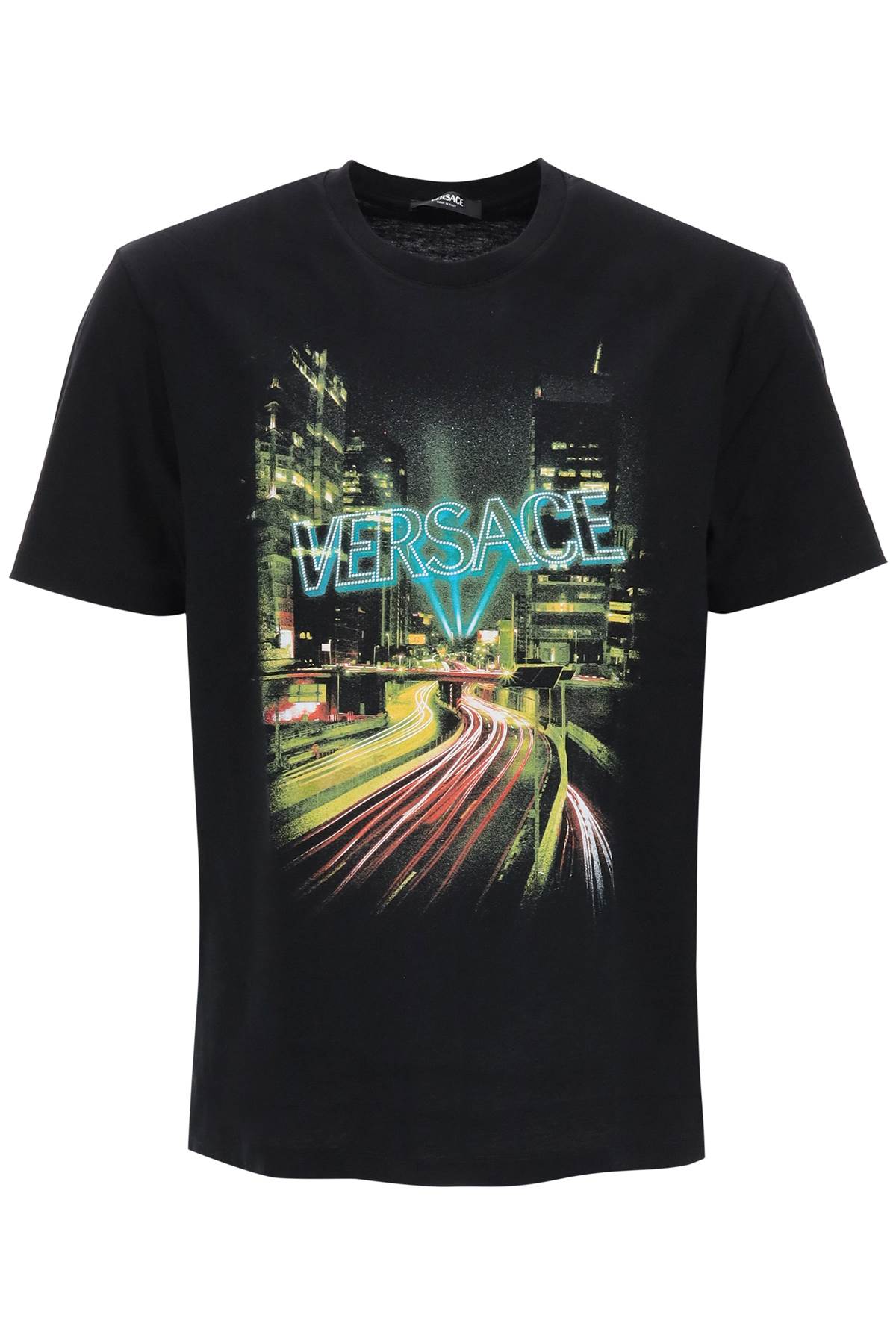 VERSACE T-SHIRT COMPACT COTTON JERSEY FABRIC BLIDING LIGHTS PRINT