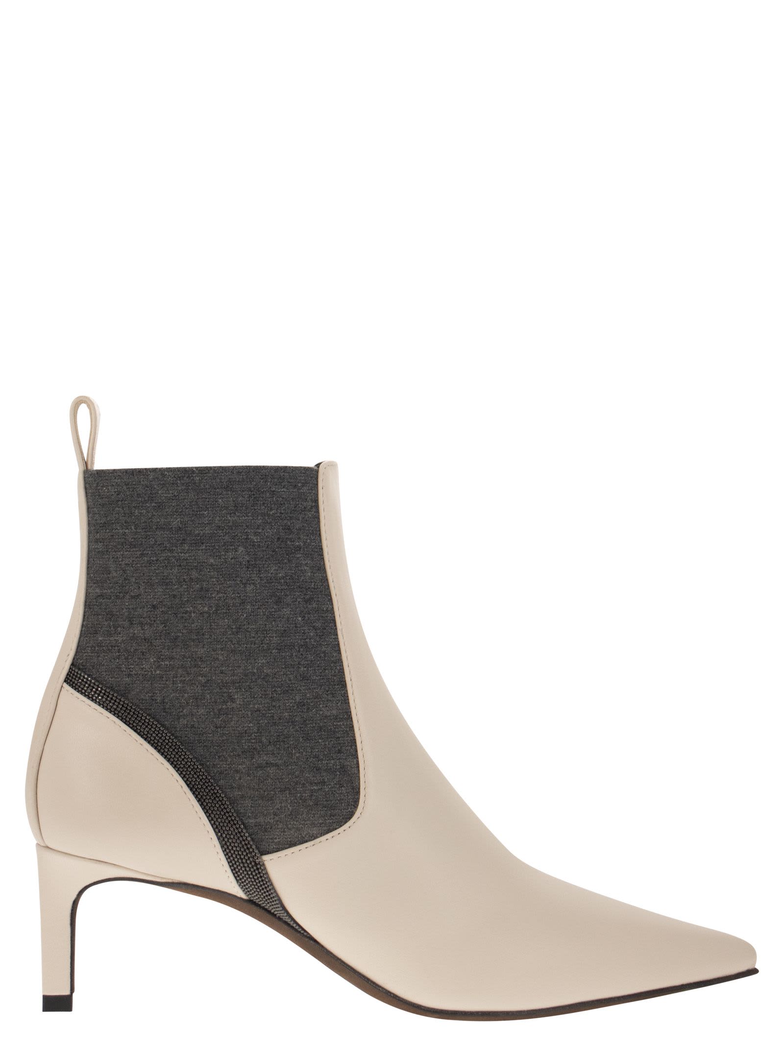 BRUNELLO CUCINELLI LEATHER HEELED ANKLE BOOTS WITH SHINY CONTOUR