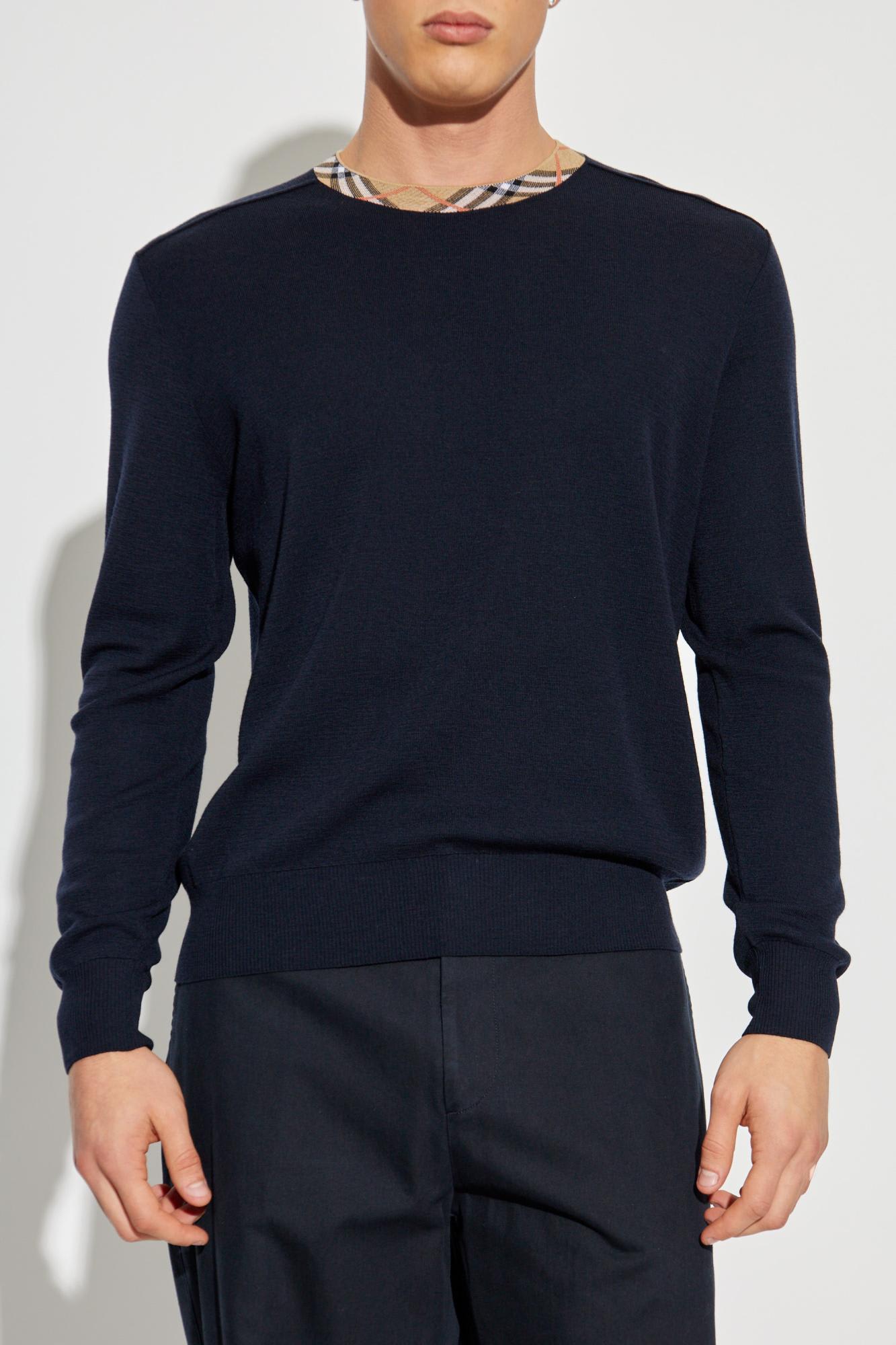 Burberry Crew Neck Knitwear With Distinctive Patterned Collar In Blue