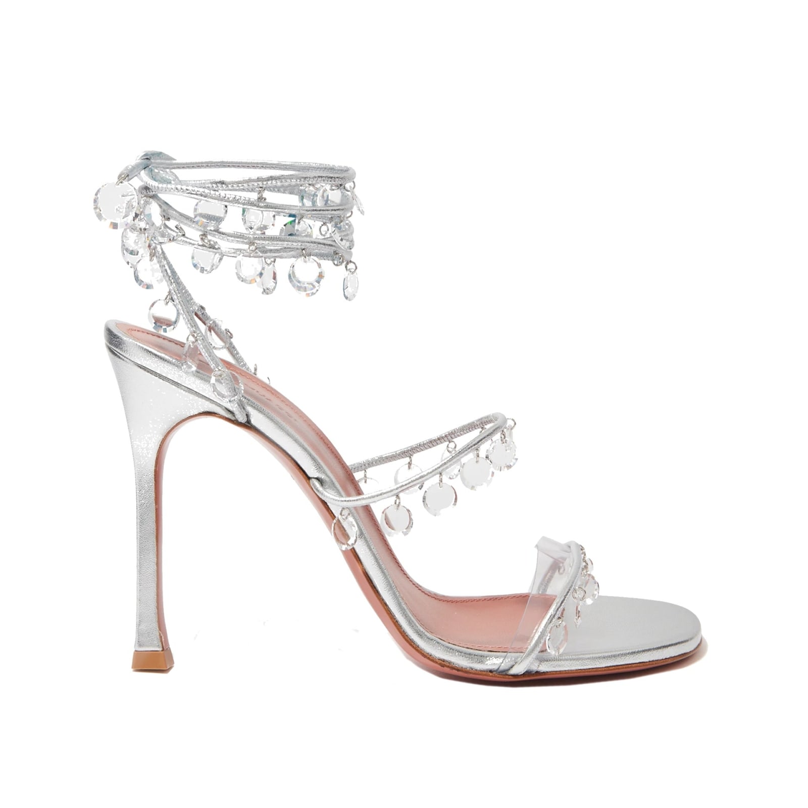 Amina Muaddi Tina 105 Embellished Metallic-leather Sandals In Silver