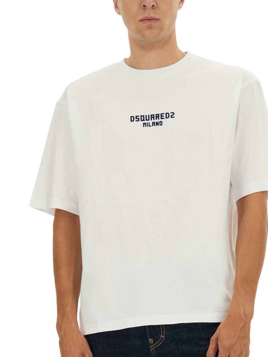 Dsquared2 Men White Crewneck T-shirt With Logo Lettering On The Front In Cotton Man In White