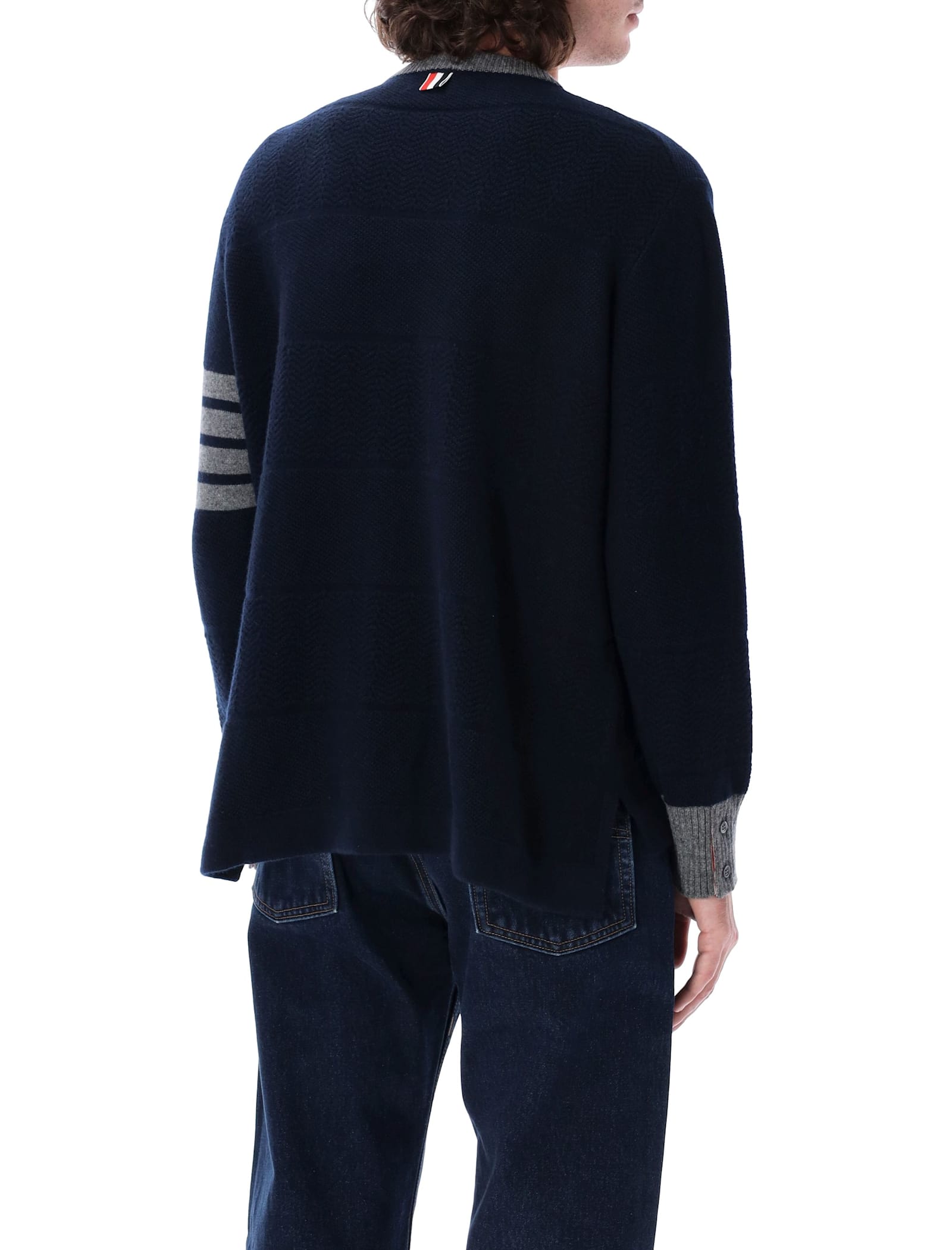 Shop Thom Browne Textured Rugby Stripe Crew Neck Sweater In Navy