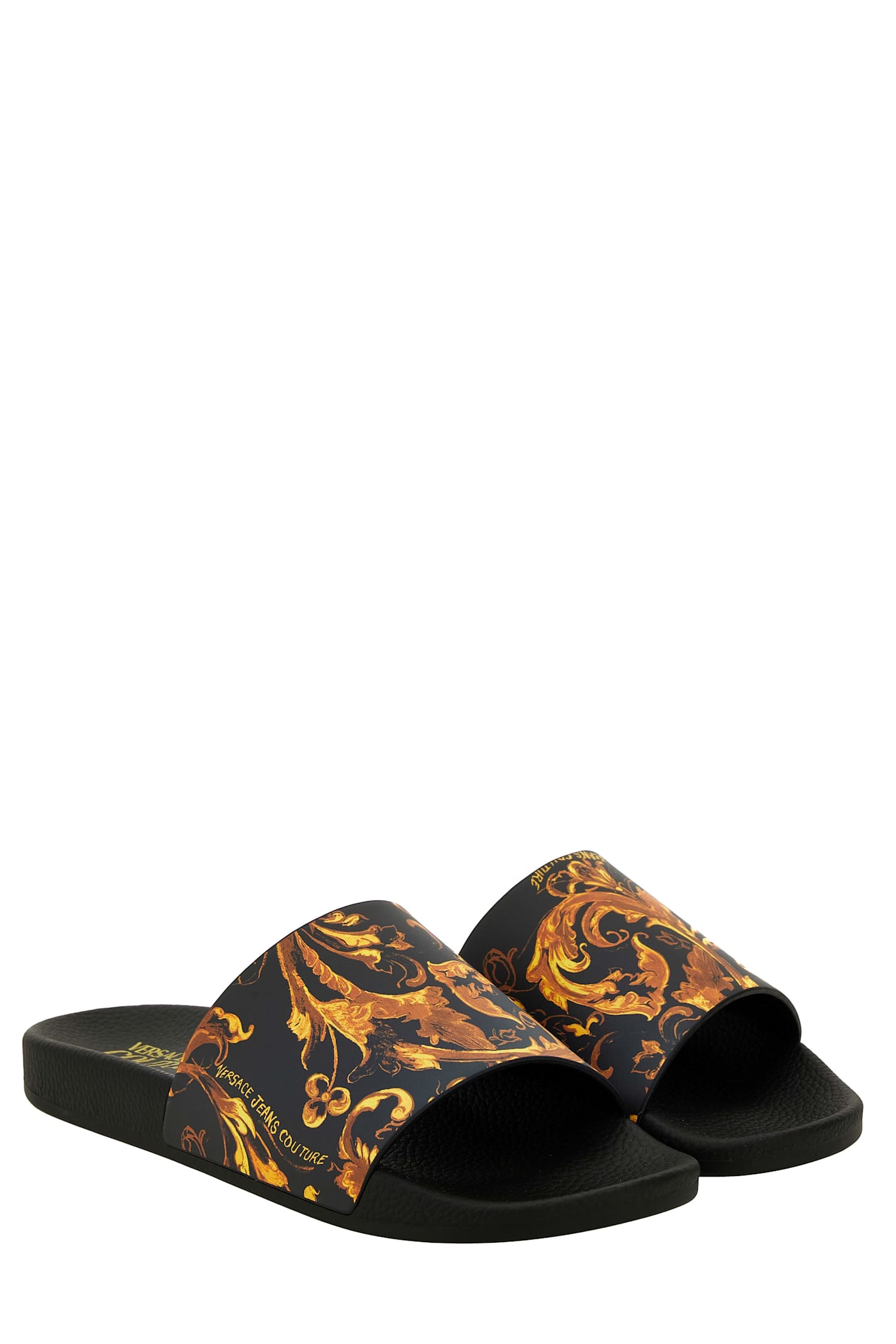 Versace Jeans Couture Baroque-print Slides In Black