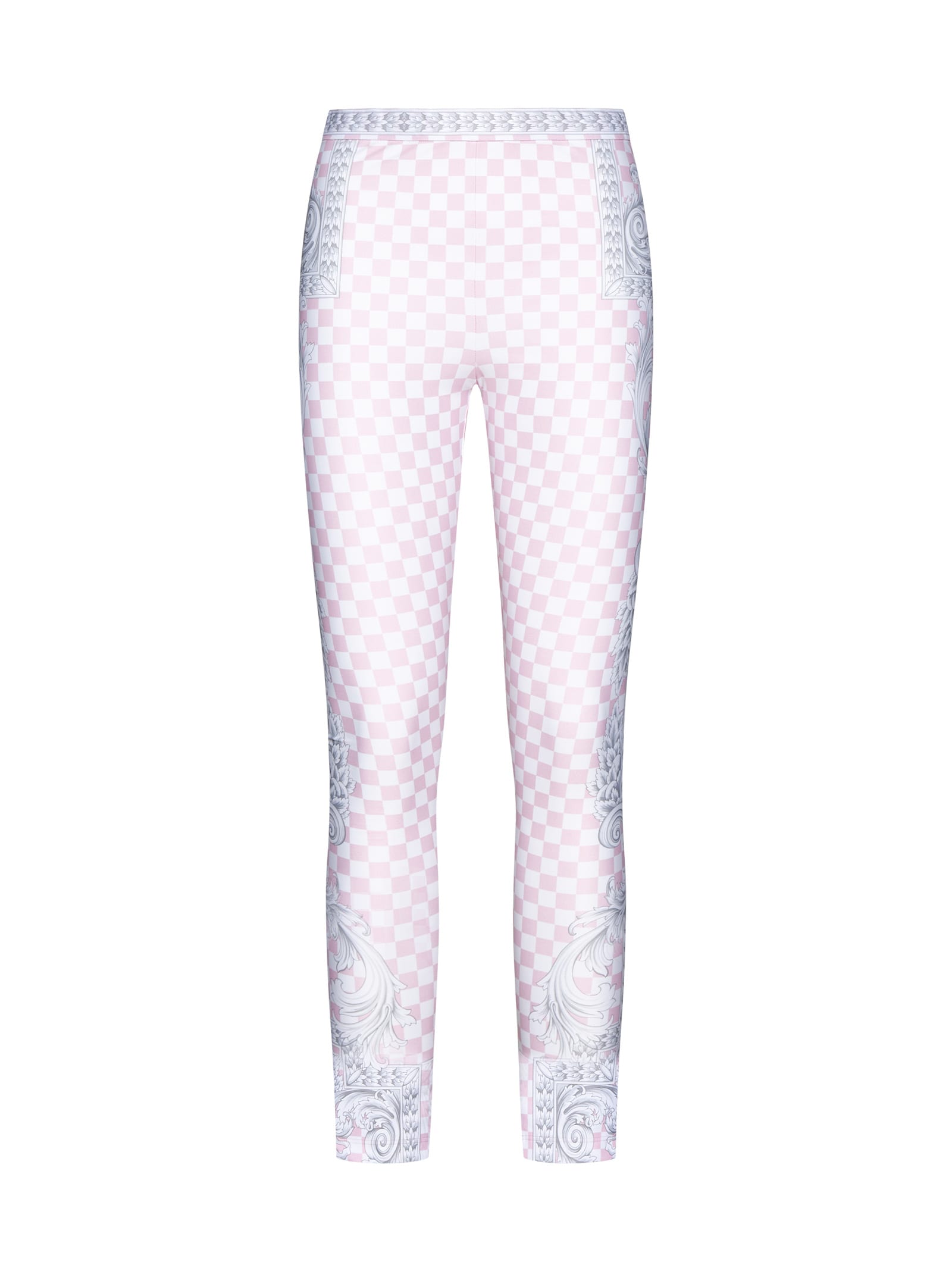 Shop Versace Pants In Pastel Pink + White + Silver