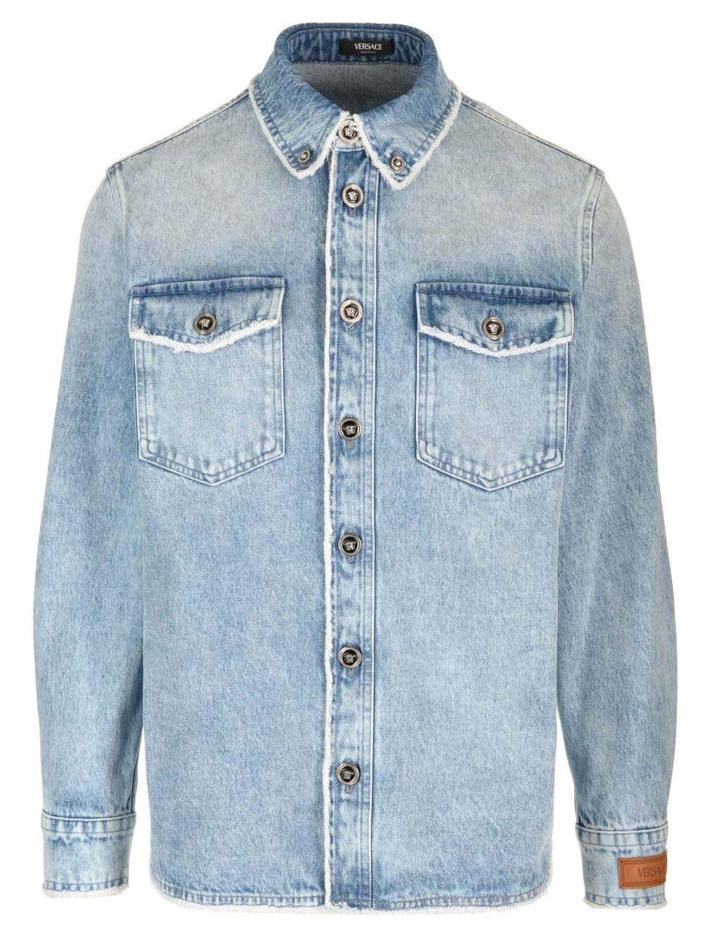 Shop Versace Stonewashed Denim Shirt In Light Blue