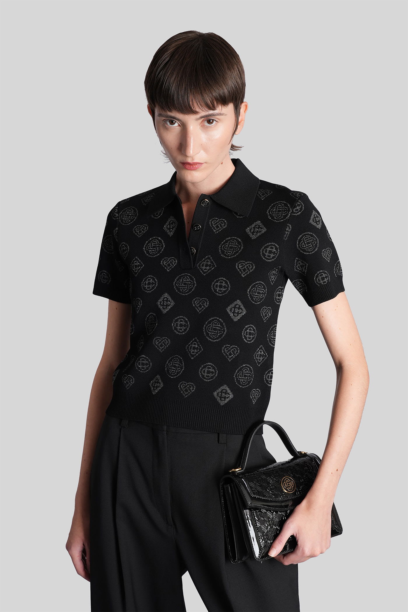 Casablanca Knitted Polo Shirt With Monogram Pattern In Black