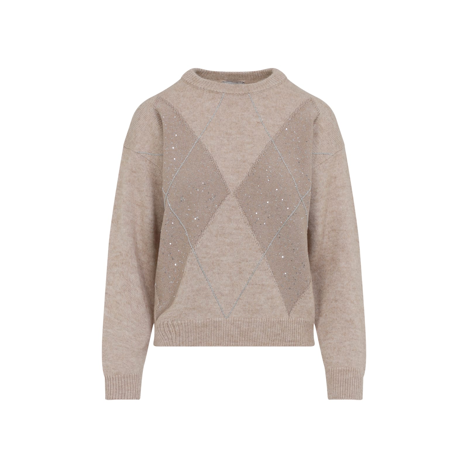 Peserico Argyle Knit Sweater With Sparkling Embellishments In Gray