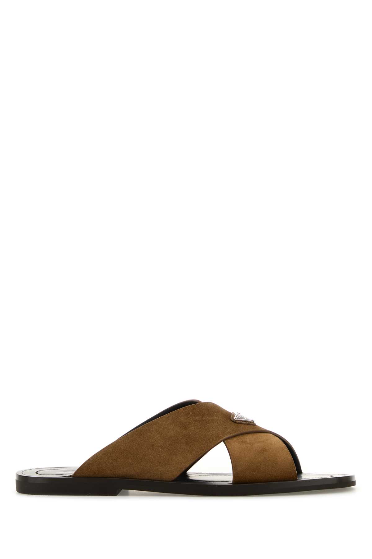 Prada Camel Suede Slippers In Brown
