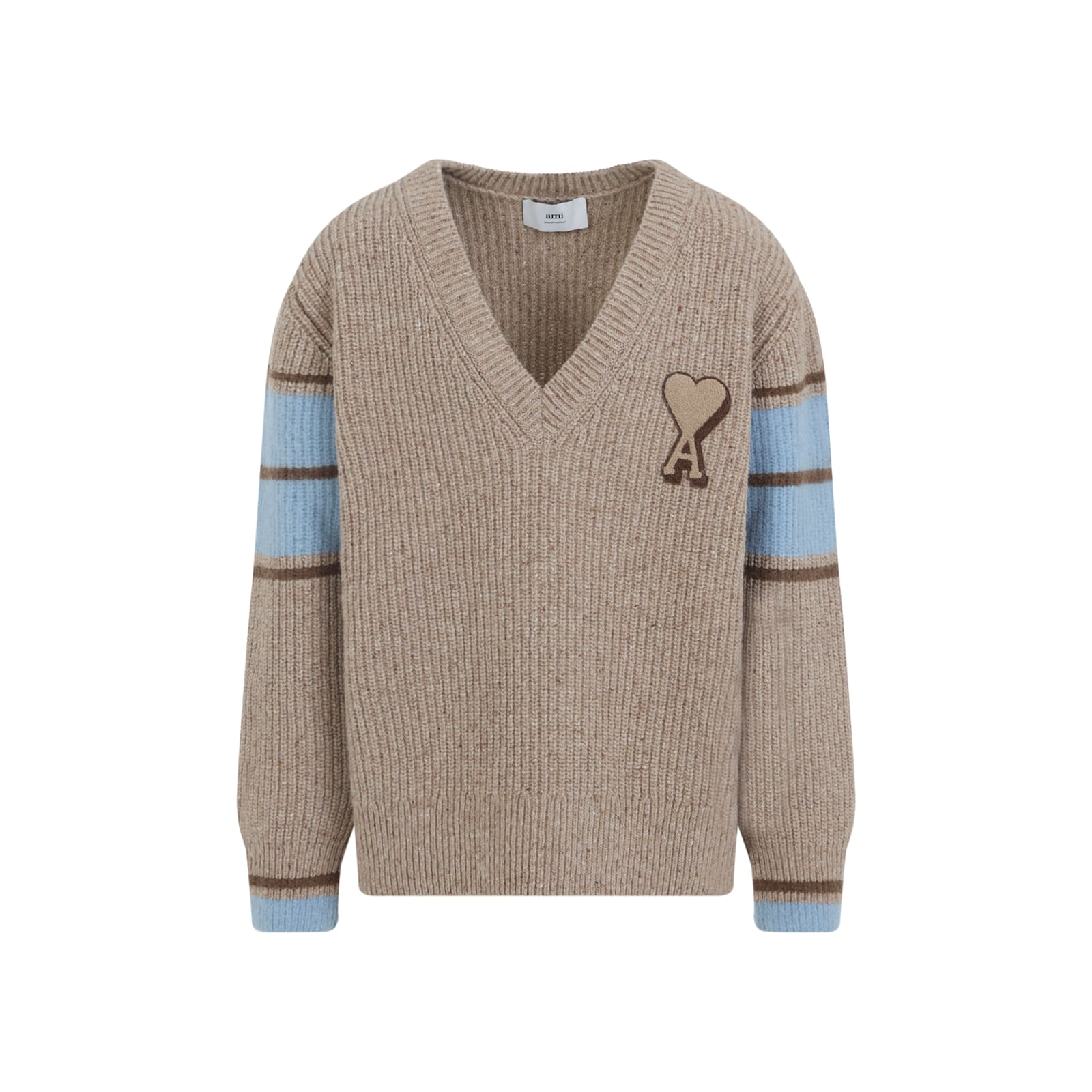 Ami Alexandre Mattiussi Ribbed Knit Sweater With Heart Patch In Neutral