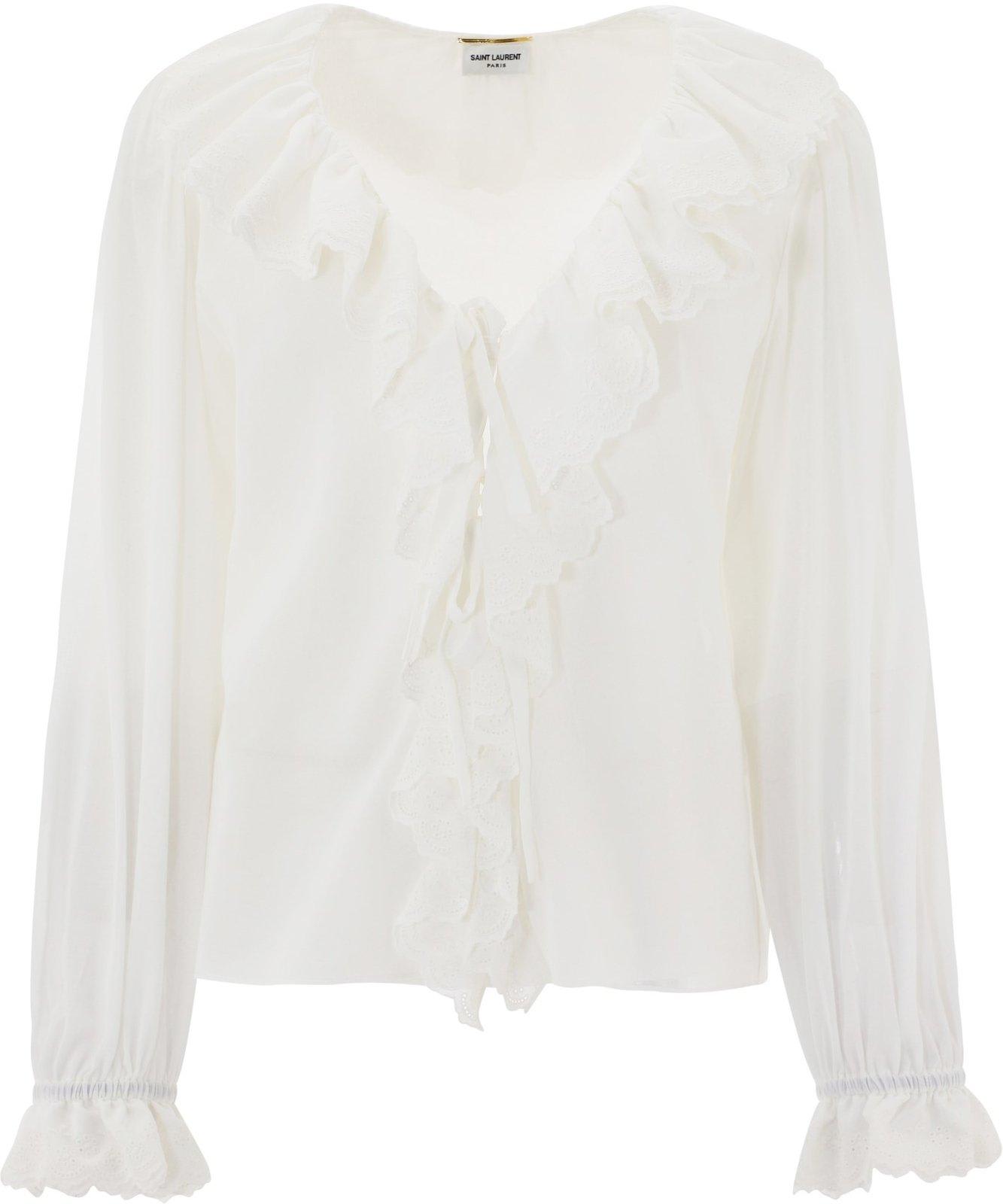 Saint Laurent Broderie Anglaise Frilled Tie Blouse In White