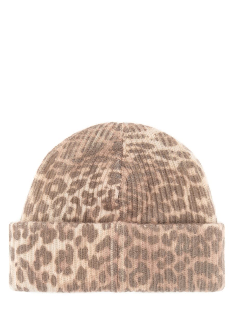 Ganni Wool Hat With Leopard Pattern In Brown