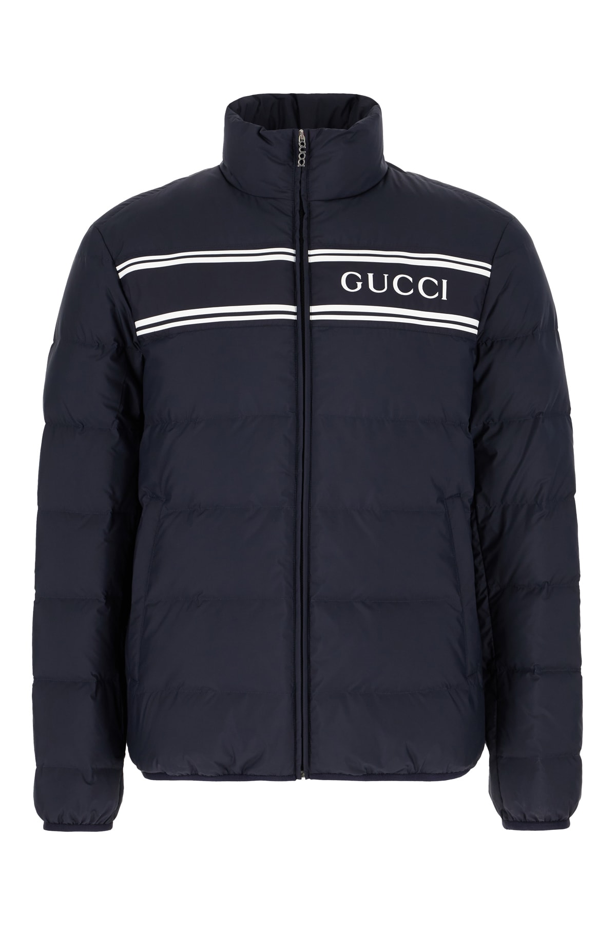 Shop Gucci Navy Blue Polyester Down Jacket In Navy Mix