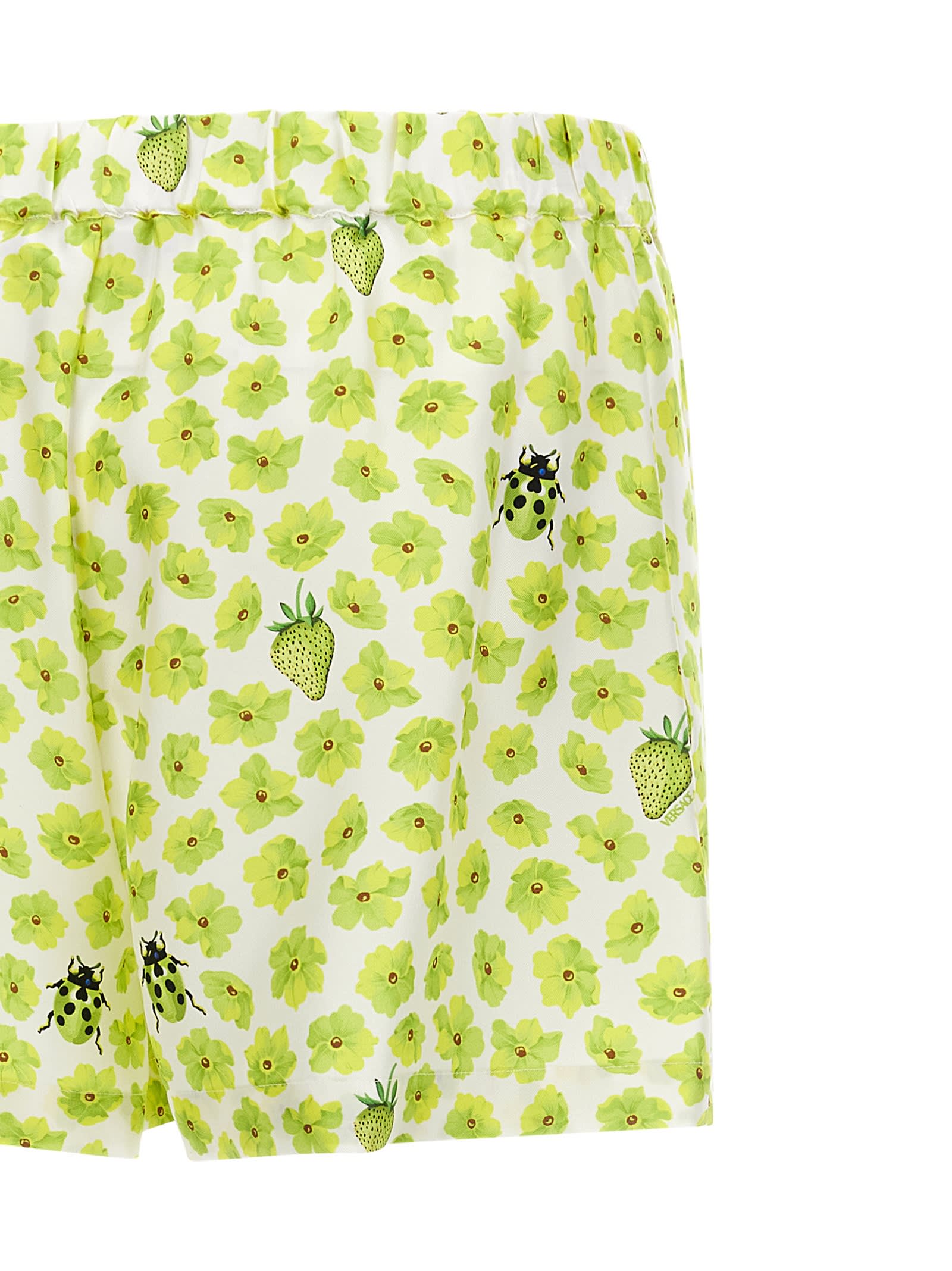 Versace Silk Twill Shorts With Strawberry Garden Print In Green
