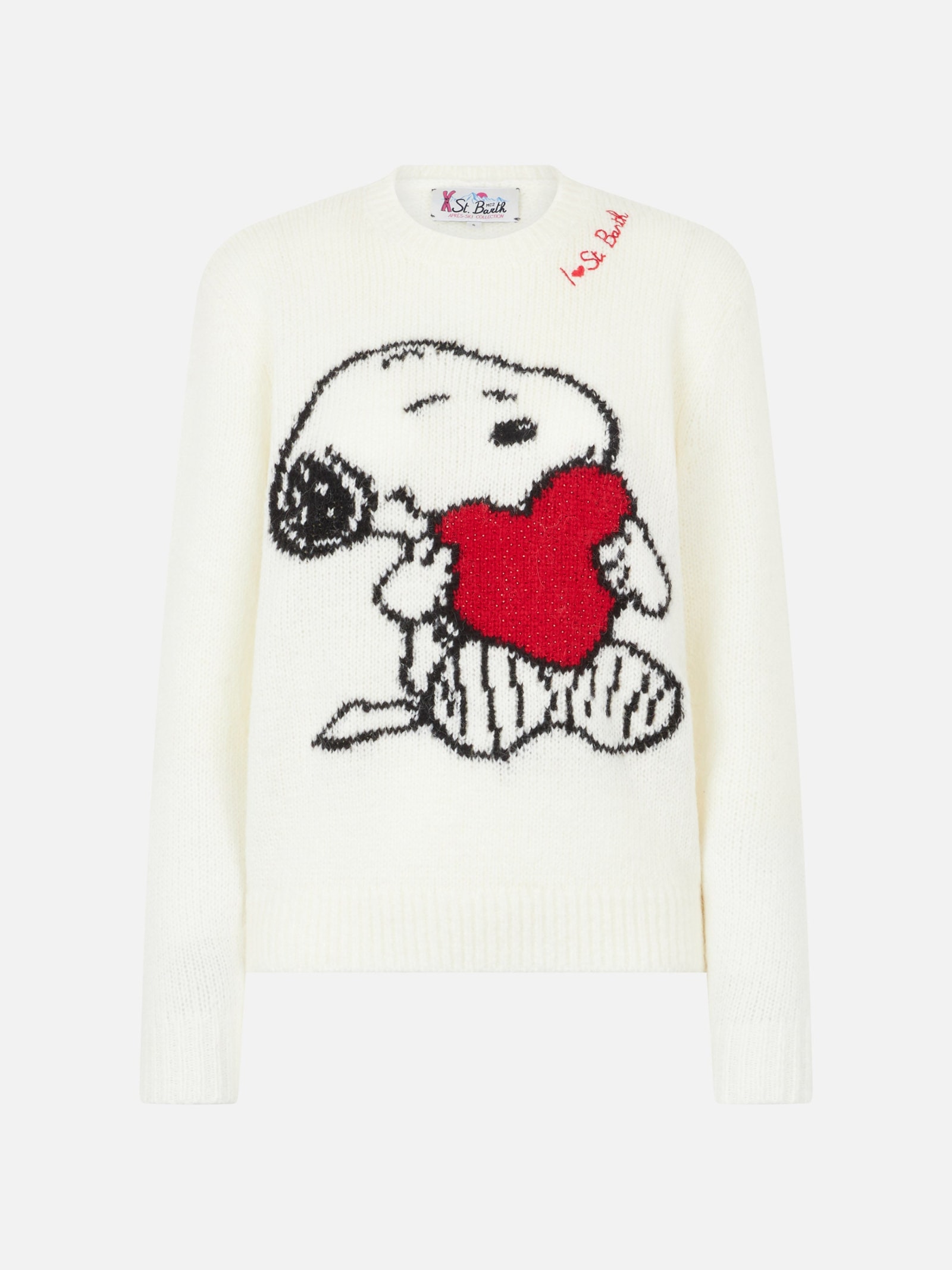 Shop Mc2 Saint Barth Woman Crewneck Black Sweater With Snoopy And Woodstock Print Ad Rhinestones Heart Snoopy Peanuts Spe In White