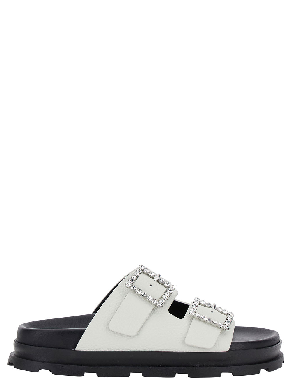 Shop Pollini White Sandals With Rhinestone Buckle In Hammered Leather Woman