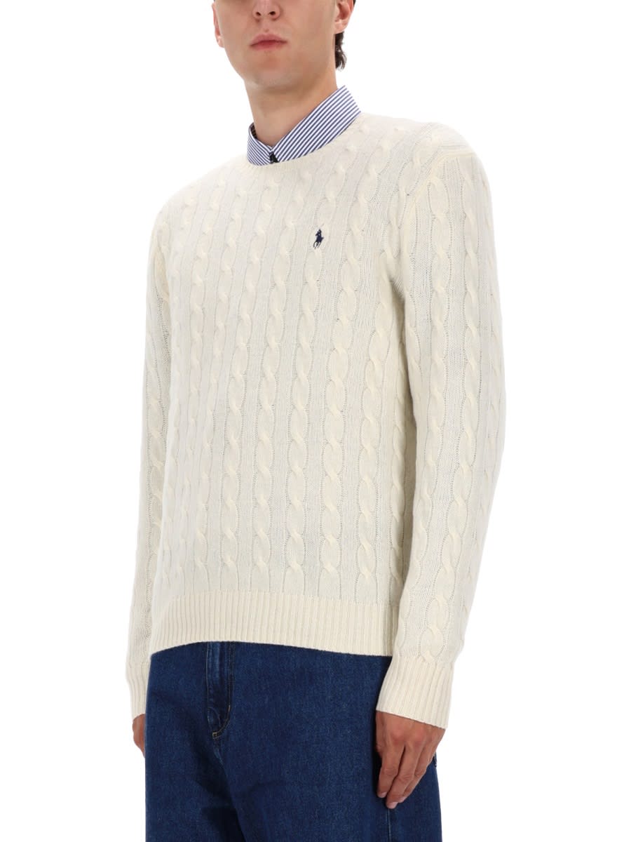 Polo Ralph Lauren Classic Cable-knit Sweater With Ribbed Hem And Embroidered Logo In White