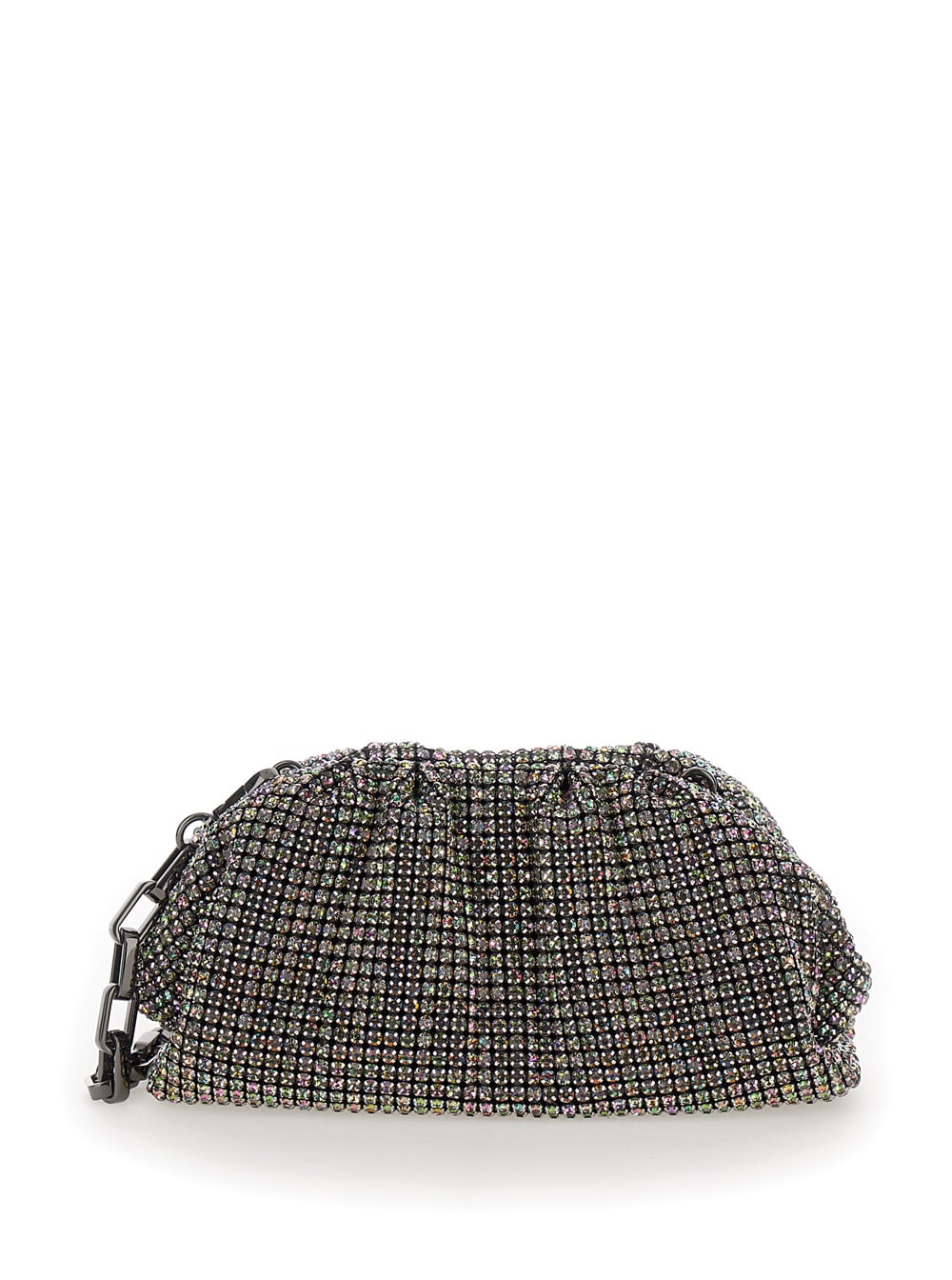 Shop Self-portrait Metallic Clutch With Chain In Fabric With All-over Rhinestones Woman