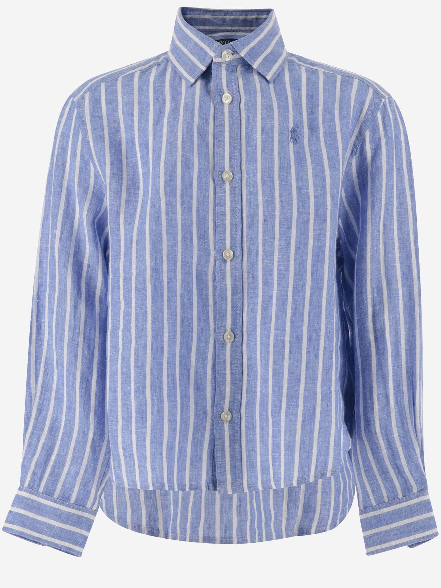 Shop Ralph Lauren Striped Linen Shirt With Logo In Blu