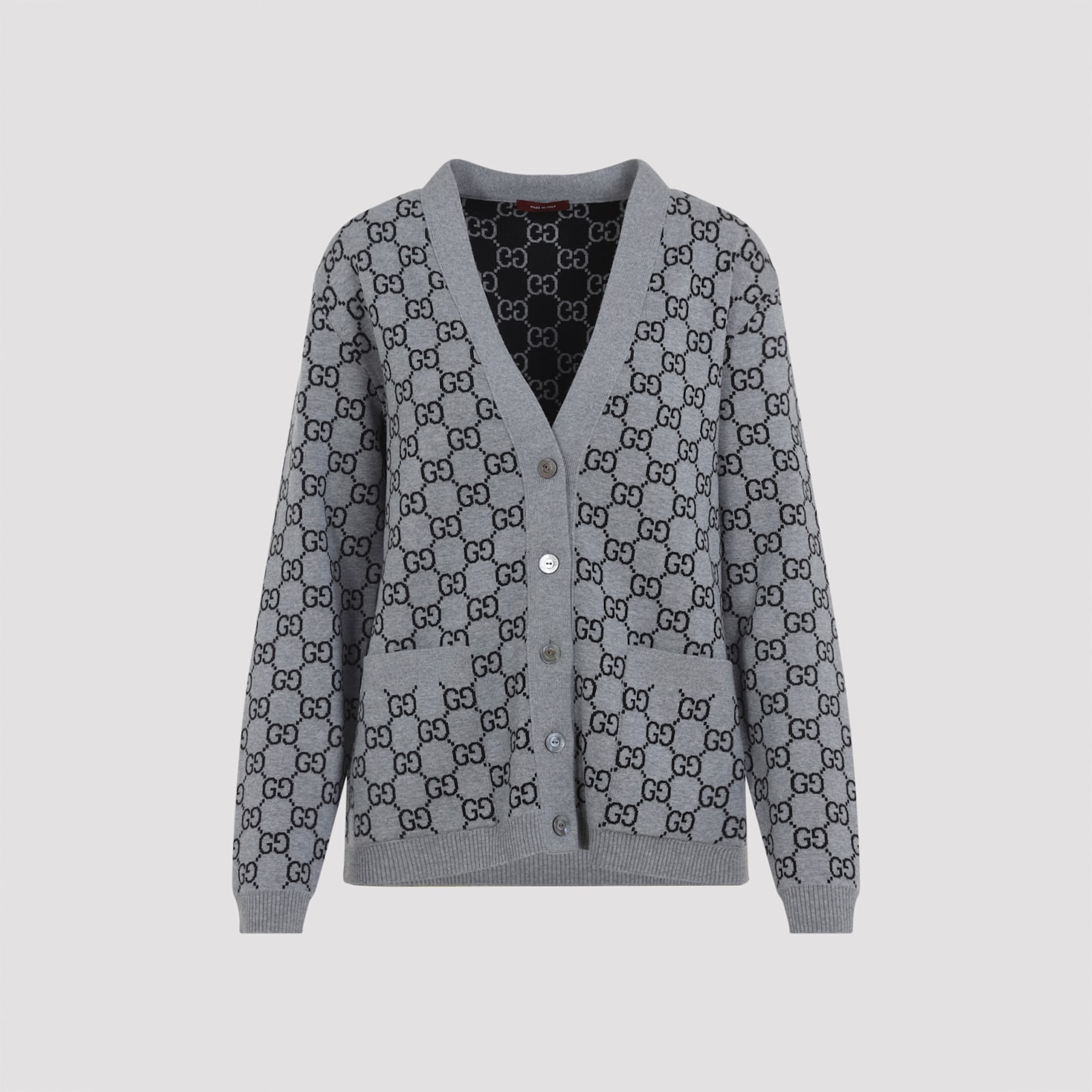 Gucci Wool Jacquard Cardigan With Gg Shadow In Gray