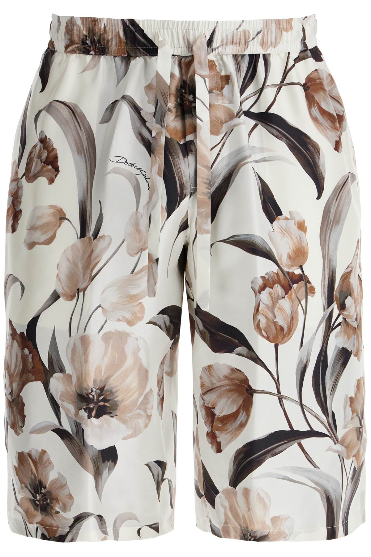 Shop Dolce & Gabbana Silk Bermuda Shorts With Floral Print Set In Tulipani Fdo Latte (white)