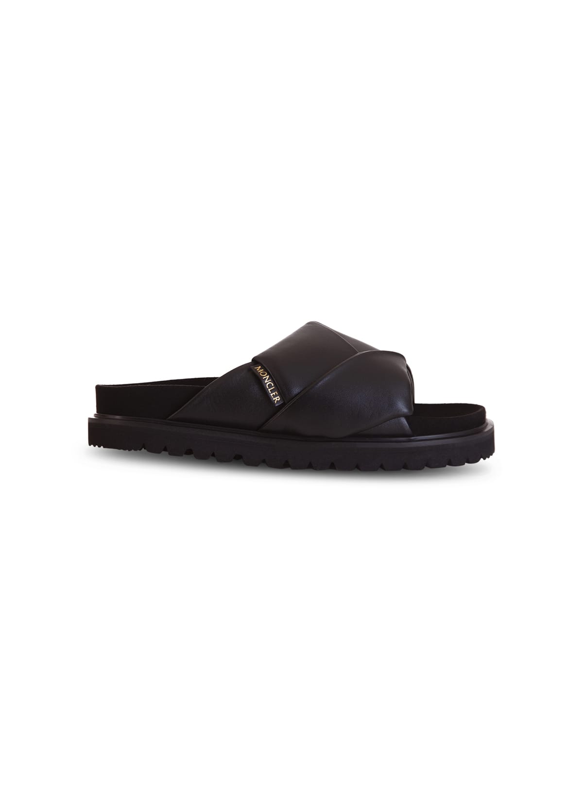 Buy Moncler Crossover Strap Leather Slides online, shop Moncler shoes with free shipping