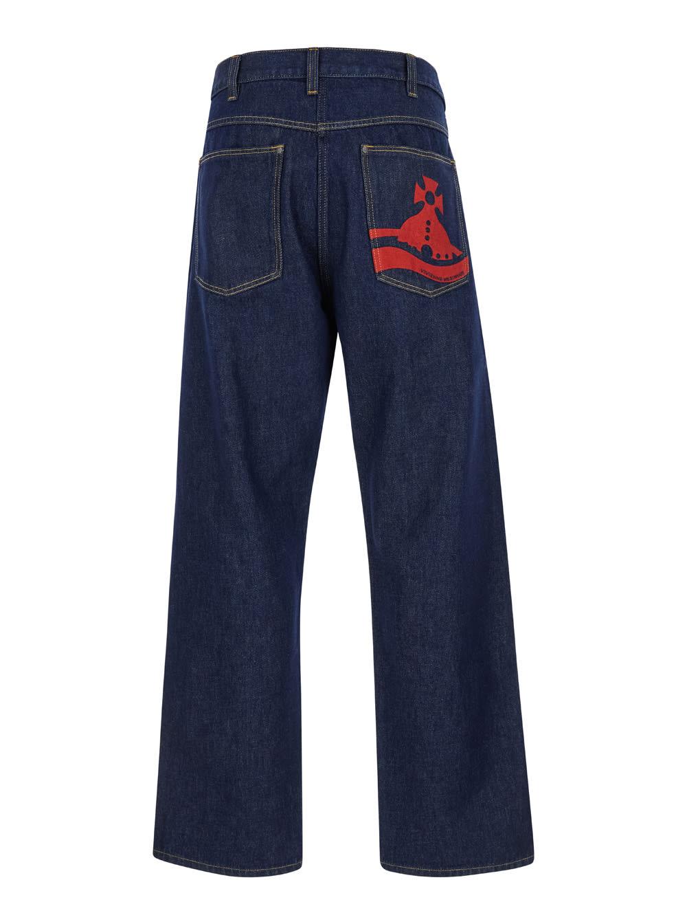 Shop Vivienne Westwood Ranch Blue Wide Jeans With Orb Patch In Cotton Denim Man