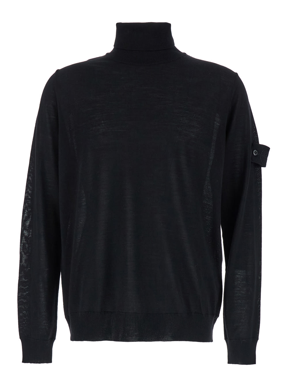 Stone Island Black Sweater With High Neck And Patch Logo On The Sleeve In Wool Man