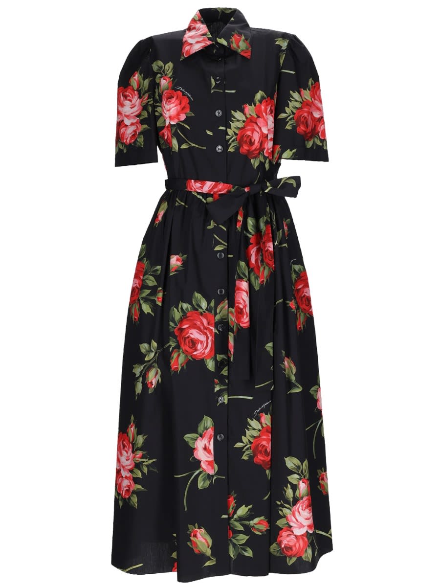Dolce & Gabbana Belted Gathered Floral-print Cotton-poplin Midi Dress In Black