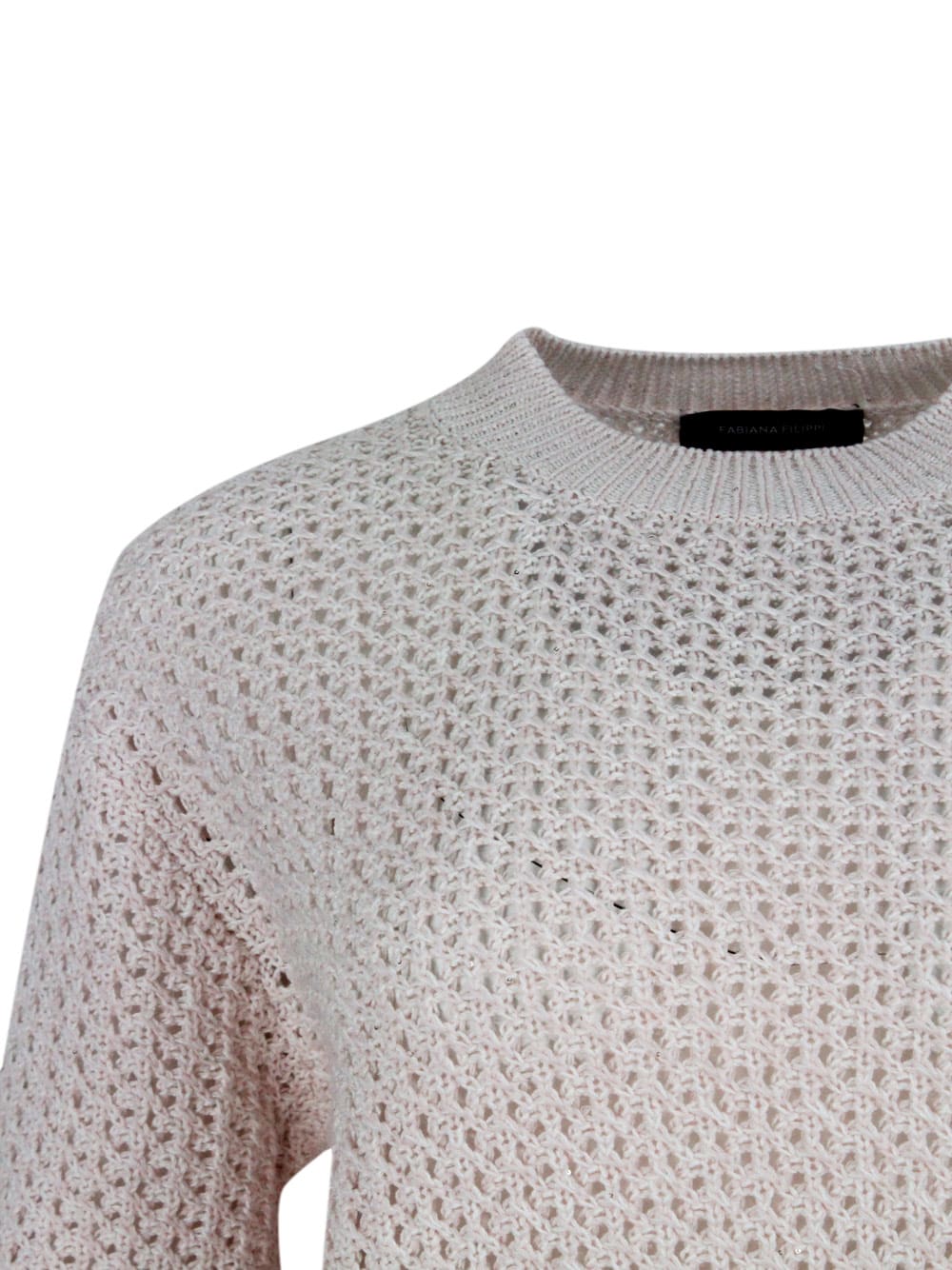 Shop Fabiana Filippi Long-sleeved Crew-neck Sweater In Cotton And Linen With Loose-weave Workmanship With Microsequins In Pink