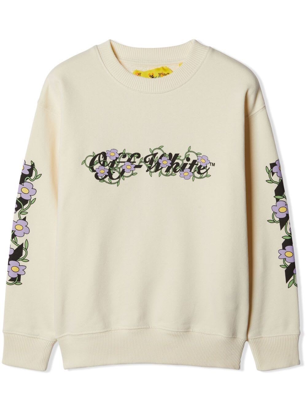 OFF-WHITE OFF-FLOWERS SWEATSHIRT WITH LOGO AND FLORAL MOTIF IN BEIGE COTTON GIRL