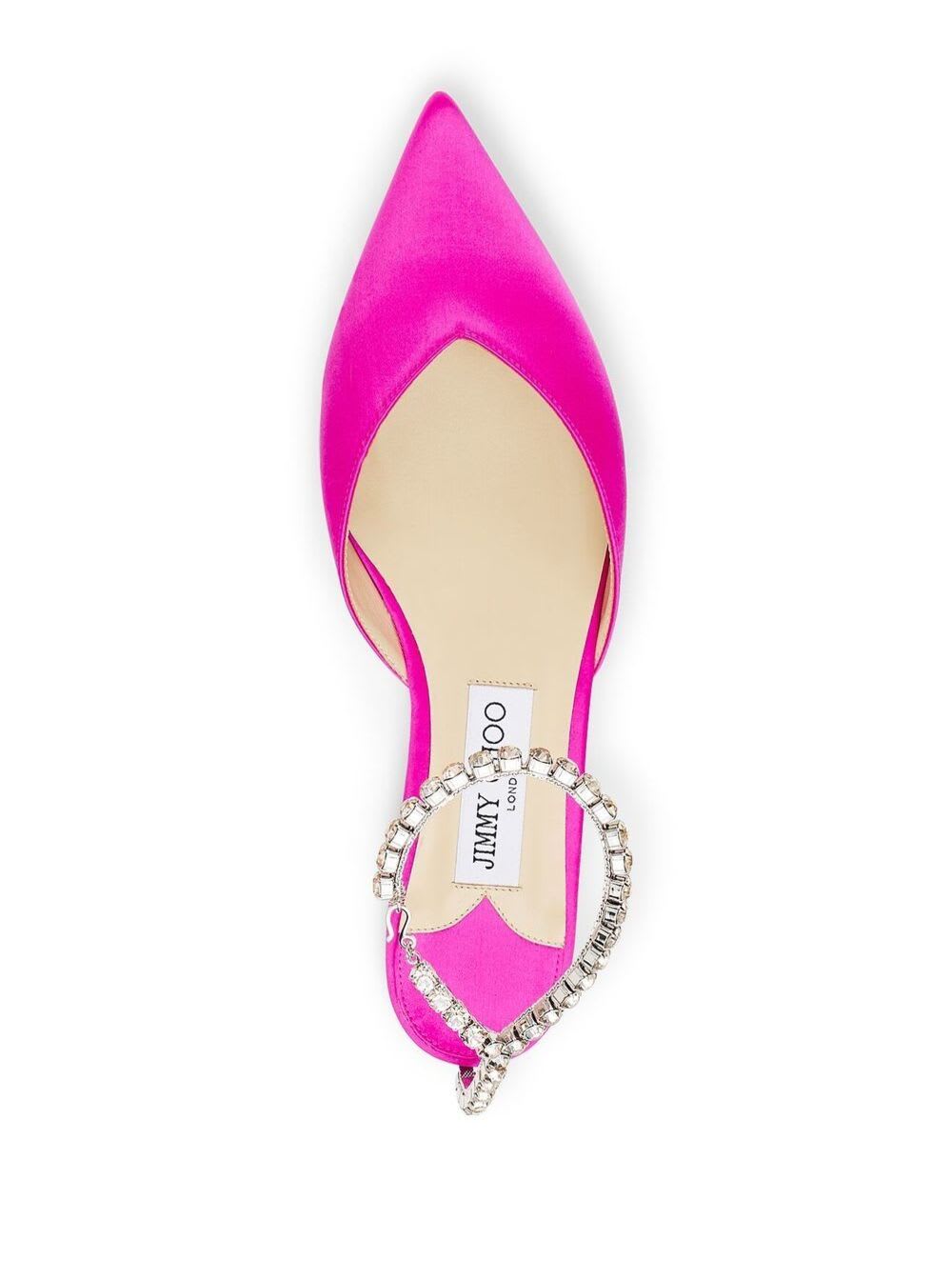 Shop Jimmy Choo Fuchsia Pink Ballerina Flat Shoes With Crystal Embellishment In Satin Woman