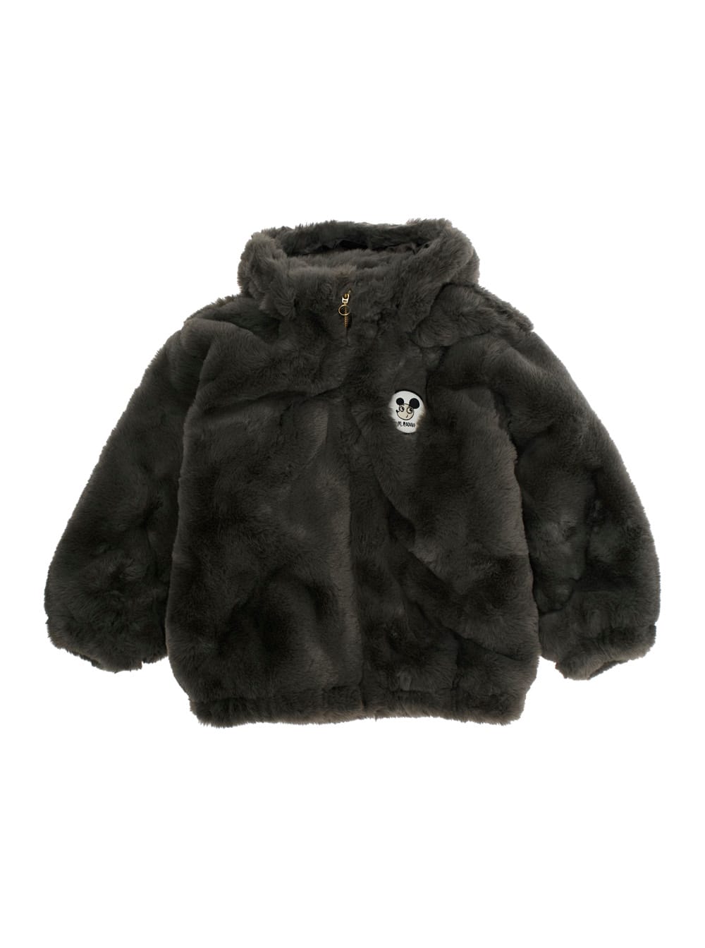 Mini Rodini Grey Jacket With Logo Patch On The Front In Faux Fur Boy In Gray
