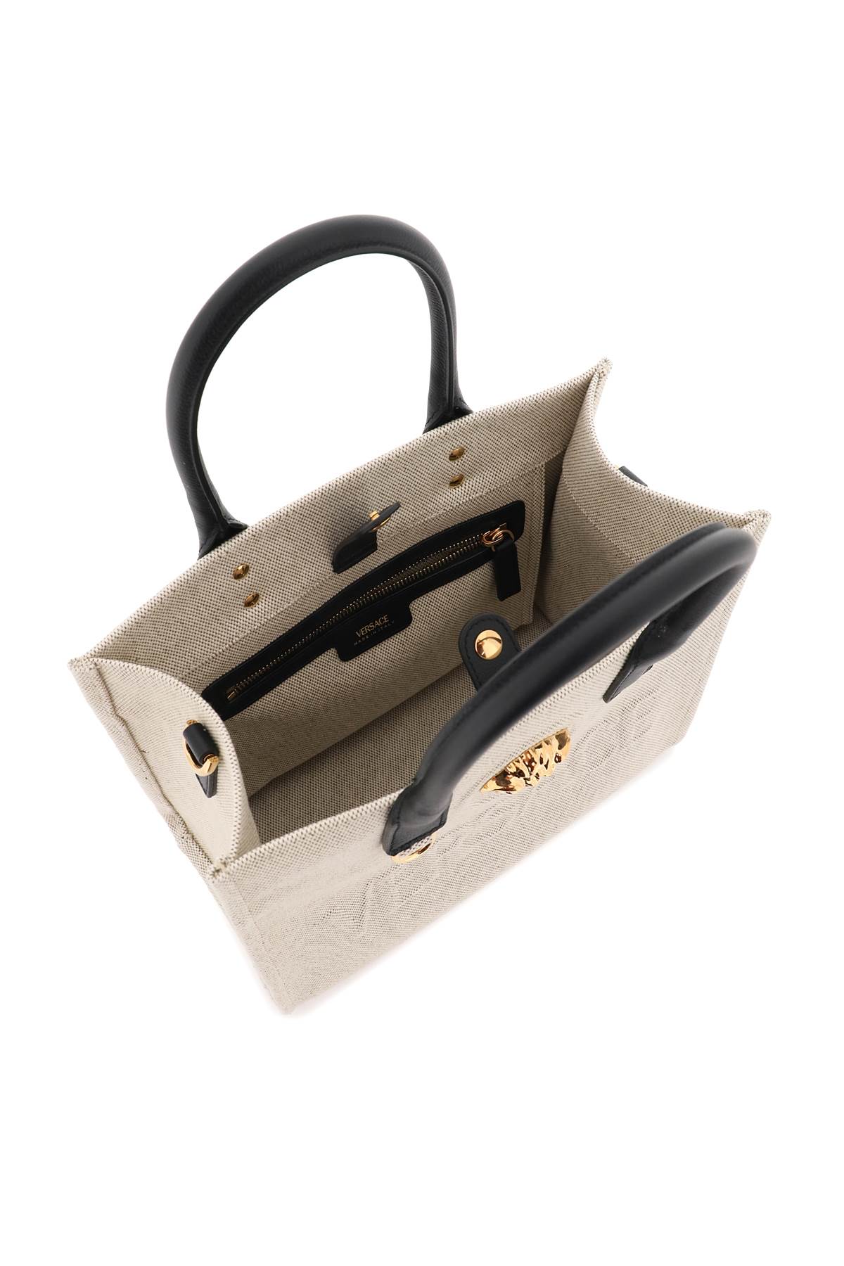 Versace Canvas La Medusa Small Tote Bag In Rope Black Gold (beige)