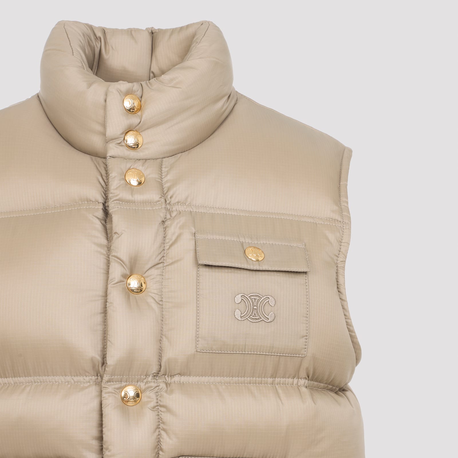 Celine Quilted Jacket With High Collar And Pocket In Neutral