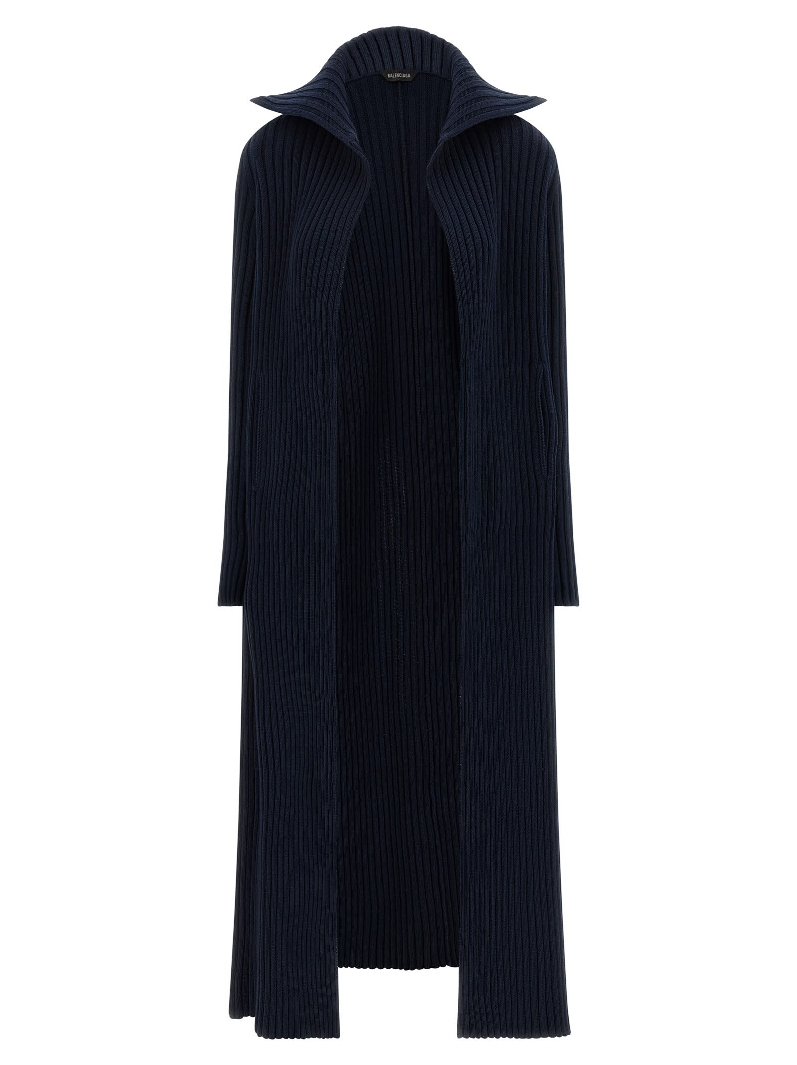 Balenciaga Long Ribbed Cardigan High Collar In Blue