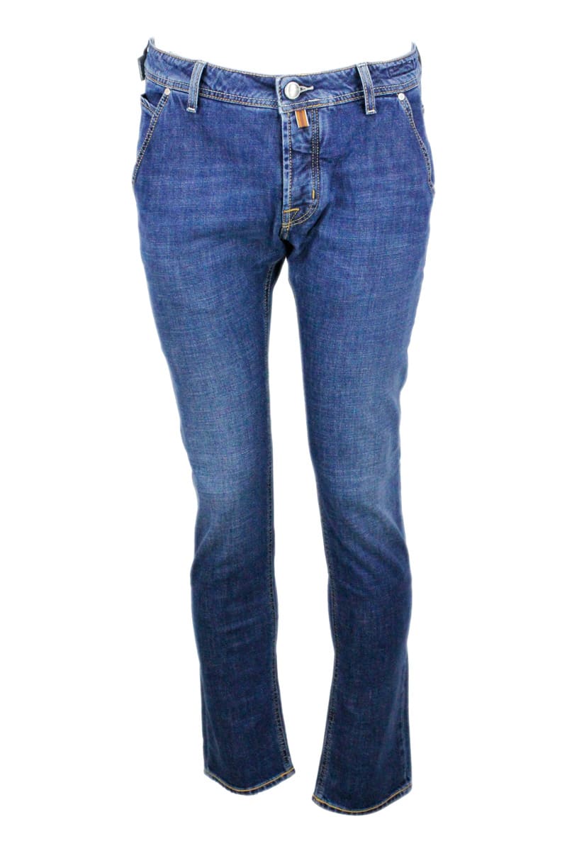 Jacob Cohen Jeans Trousers In Stretch Denim With Natural Indigo America Pockets With Buttons And Stitching In Contrasting Color