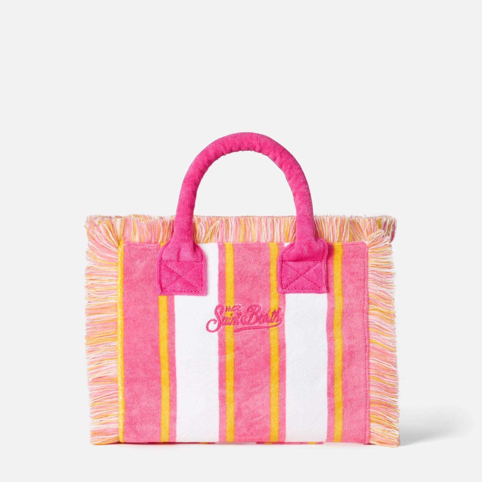 Mc2 Saint Barth Colette Striped Terry Handbag With Saint Barth Beach Club Embroidery In Pink