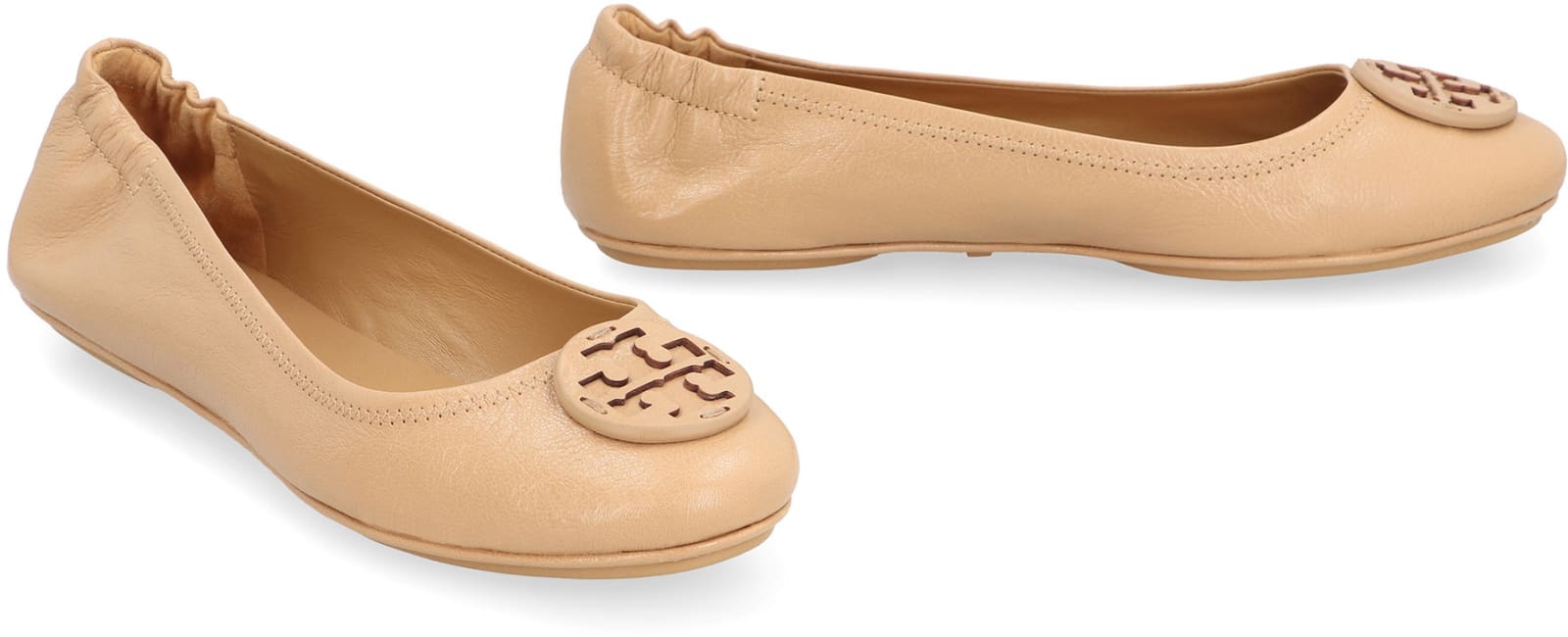 Shop Tory Burch Minnie Leather Ballet Flats In Beige