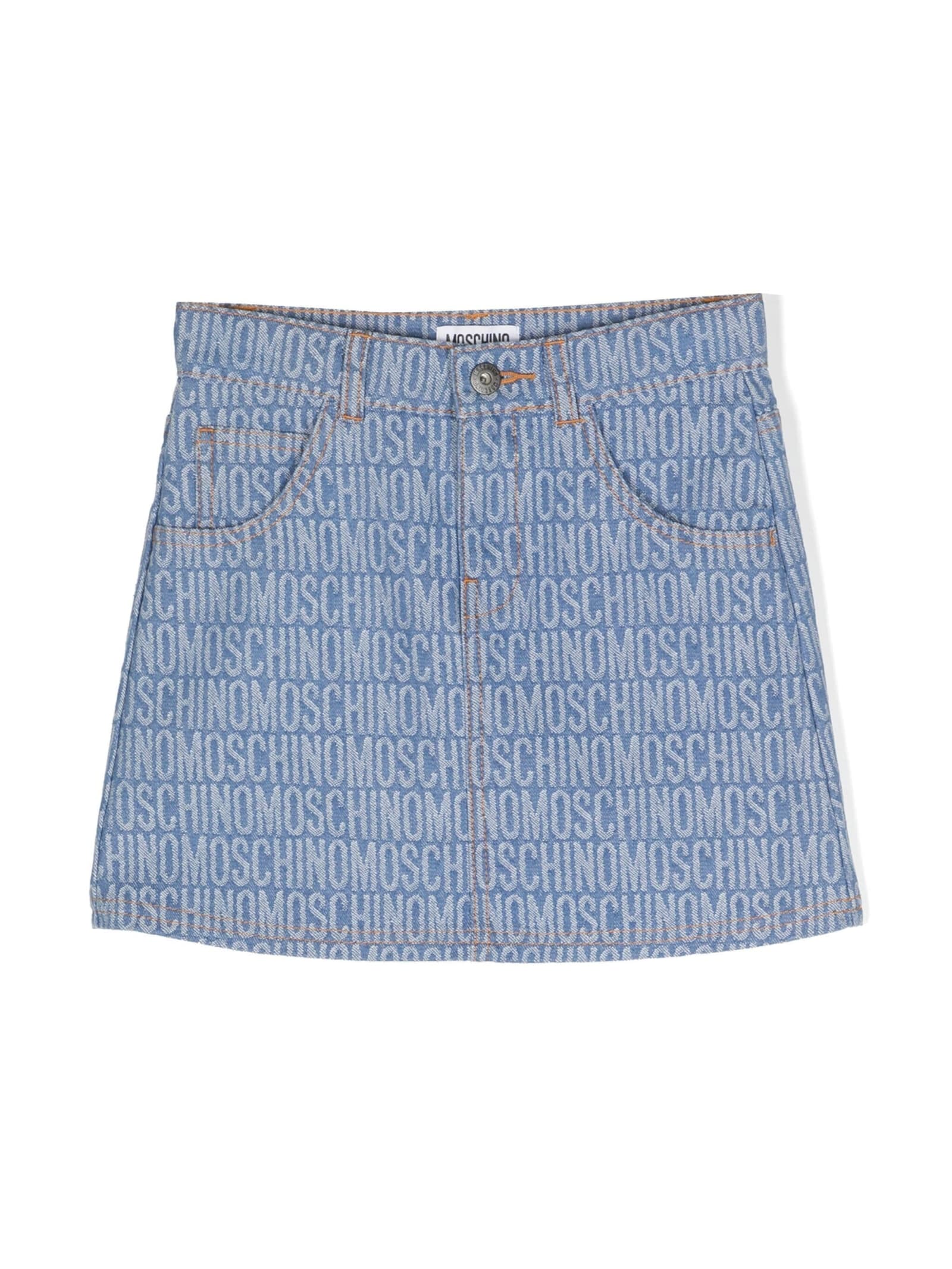Shop Moschino Blue Denim Mini Skirt With All-over Logo