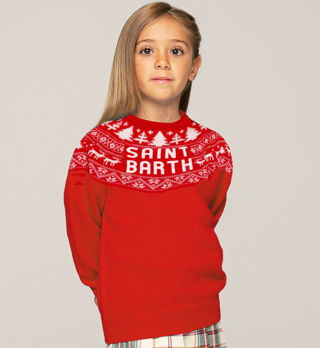 Mc2 Saint Barth Kids' Girl Norwegian Style Sweater With Saint Barth Print In Red