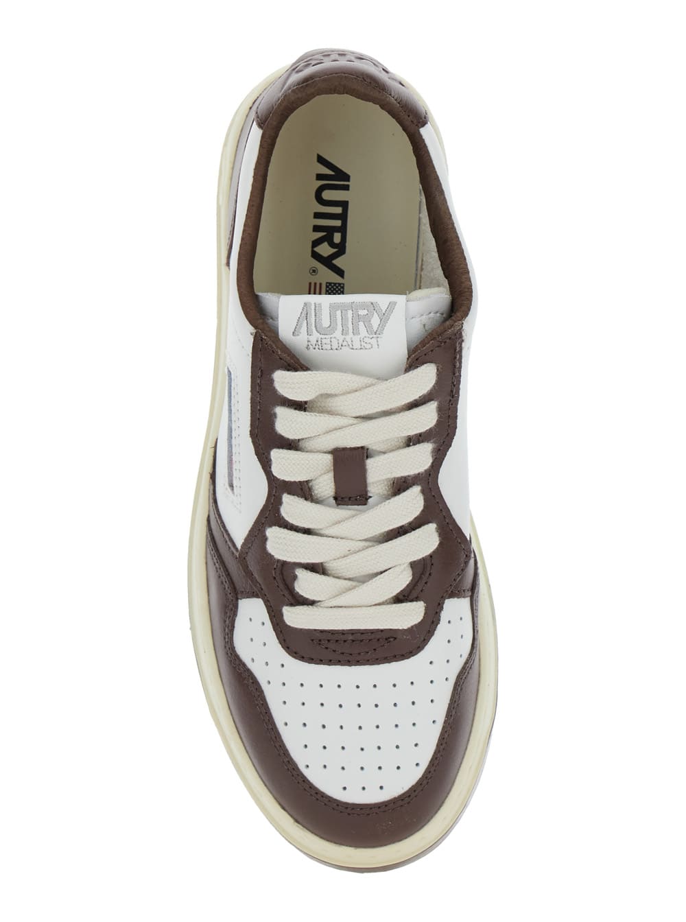 Shop Autry Medalist Low White And Brown Low Top Sneakers With Logo Patch In Leather Woman