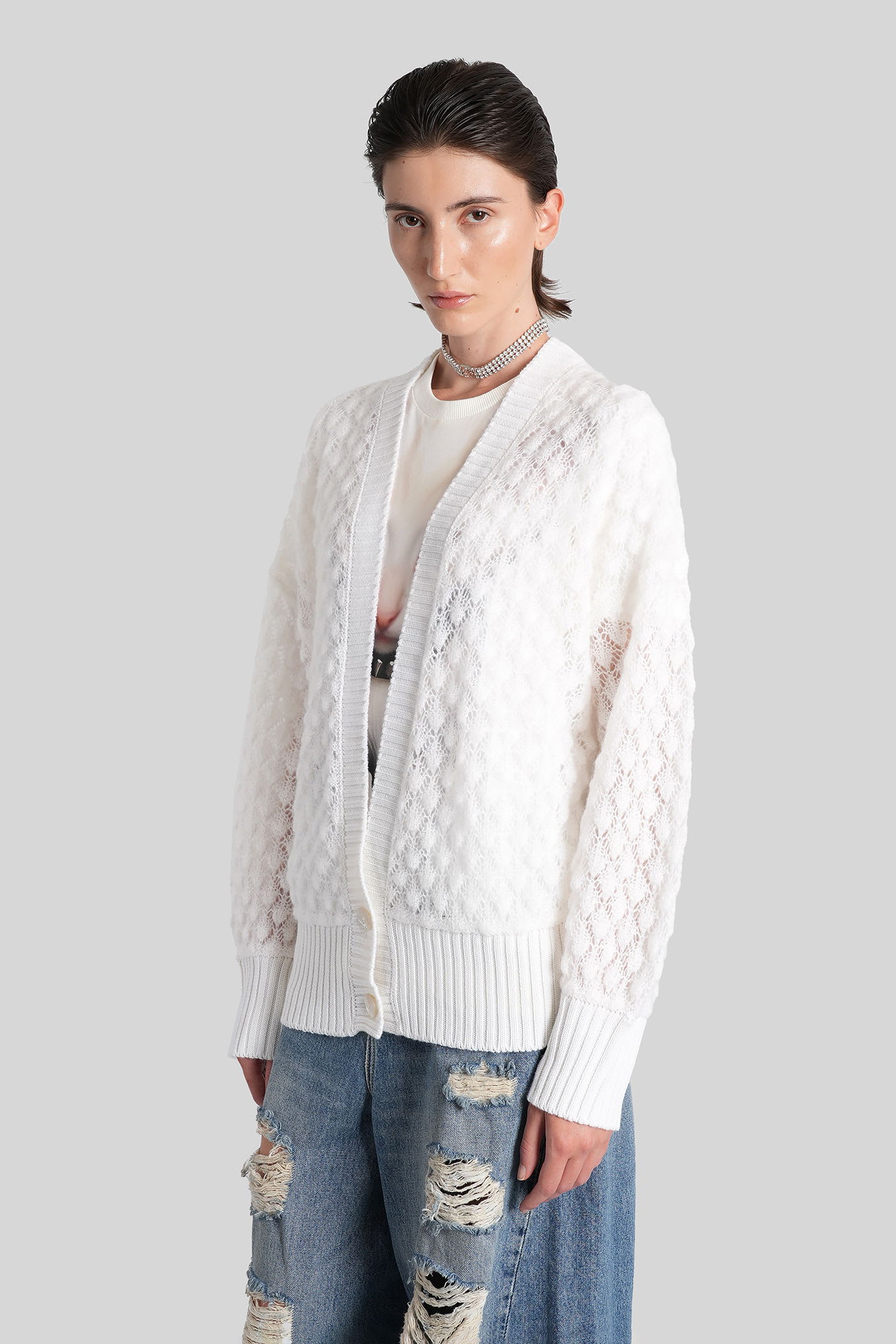 Blumarine Textured Knit Oversize V-neck Cardigan In White